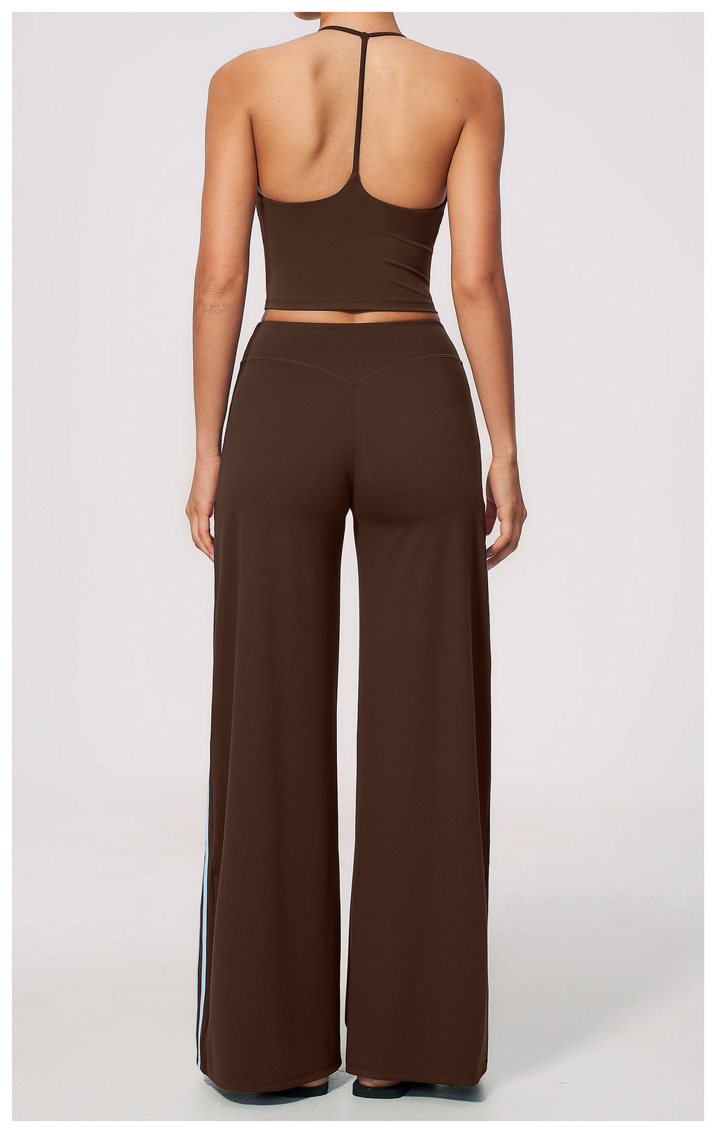 2 PCS Workout Set Women V Neck T-Back Halter Crop Tank Top and Contrast Side Stripe Fitness Sports Wide Leg Pants