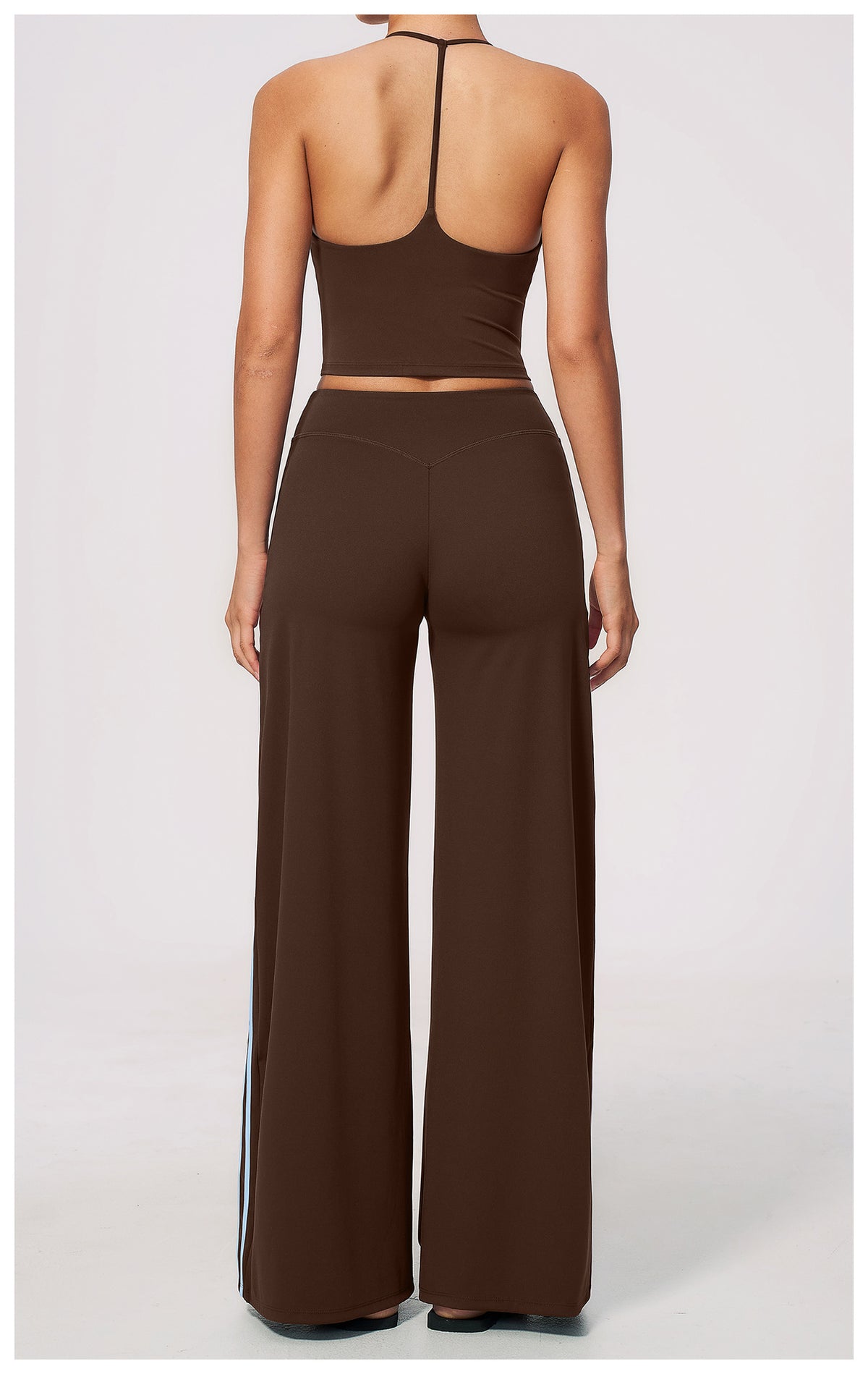 2 PCS Workout Set Women V Neck T-Back Halter Crop Tank Top and Contrast Side Stripe Fitness Sports Wide Leg Pants