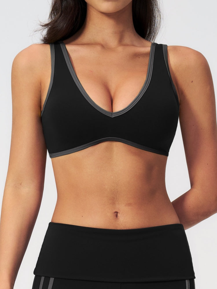 Women Contrast Color V Neck U Back Sports Bra