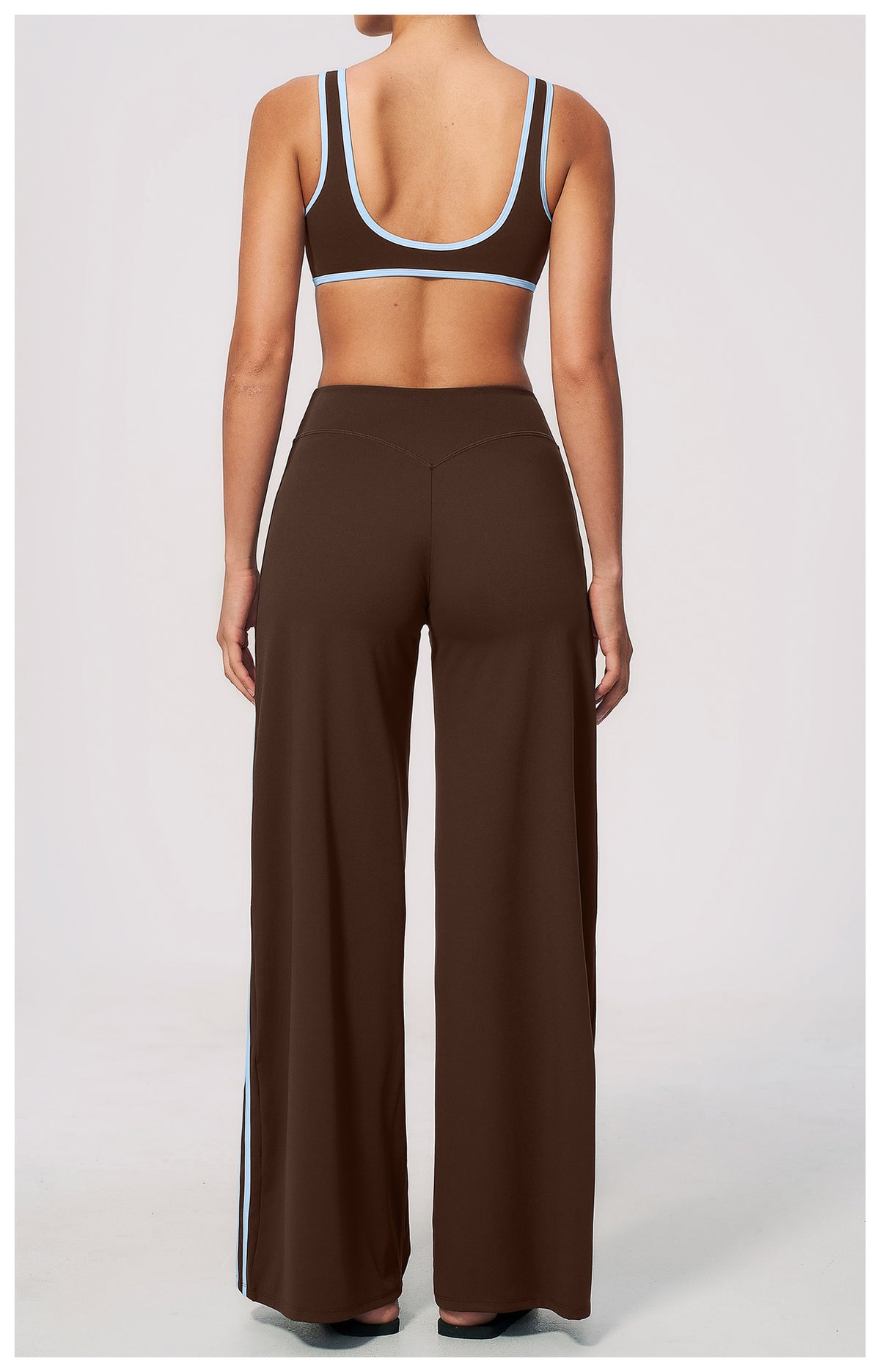 2 PCS Gym Set Women Contrast Color V Neck Backless Sports Bra and Contrast Side Stripe Fitness Sports Wide Leg Pants
