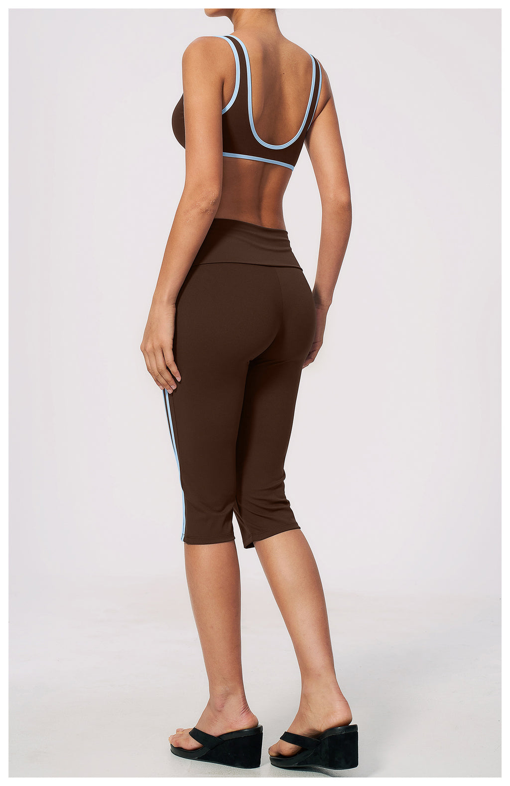 2 PCS Workout Set Women Contrast Color V Neck U Back Sports Bra and Fold Over Waist Capri Yoga Leggings