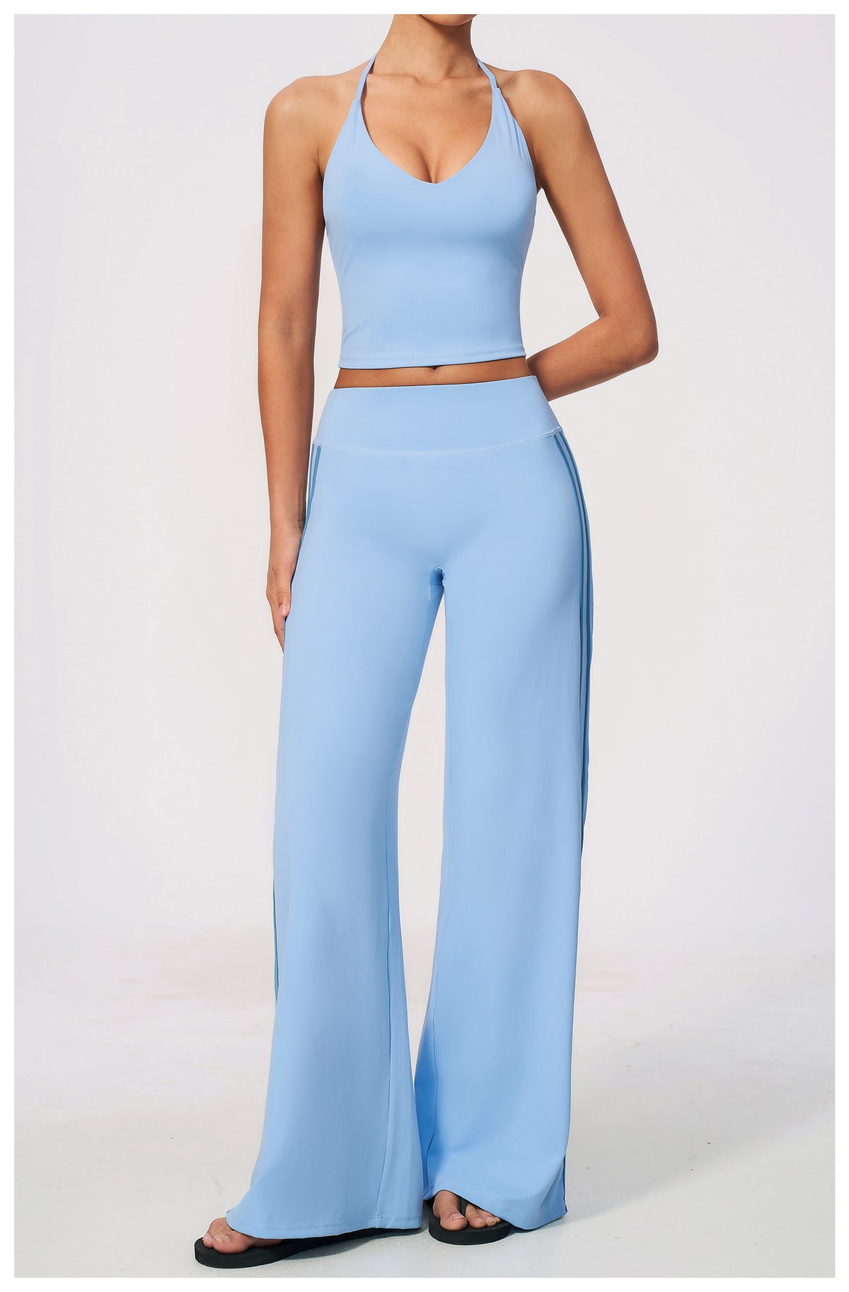 2 PCS Workout Set Women V Neck T-Back Halter Crop Tank Top and Contrast Side Stripe Fitness Sports Wide Leg Pants