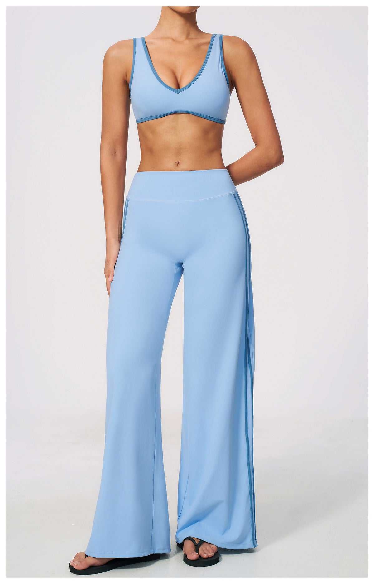 2 PCS Gym Set Women Contrast Color V Neck Backless Sports Bra and Contrast Side Stripe Fitness Sports Wide Leg Pants