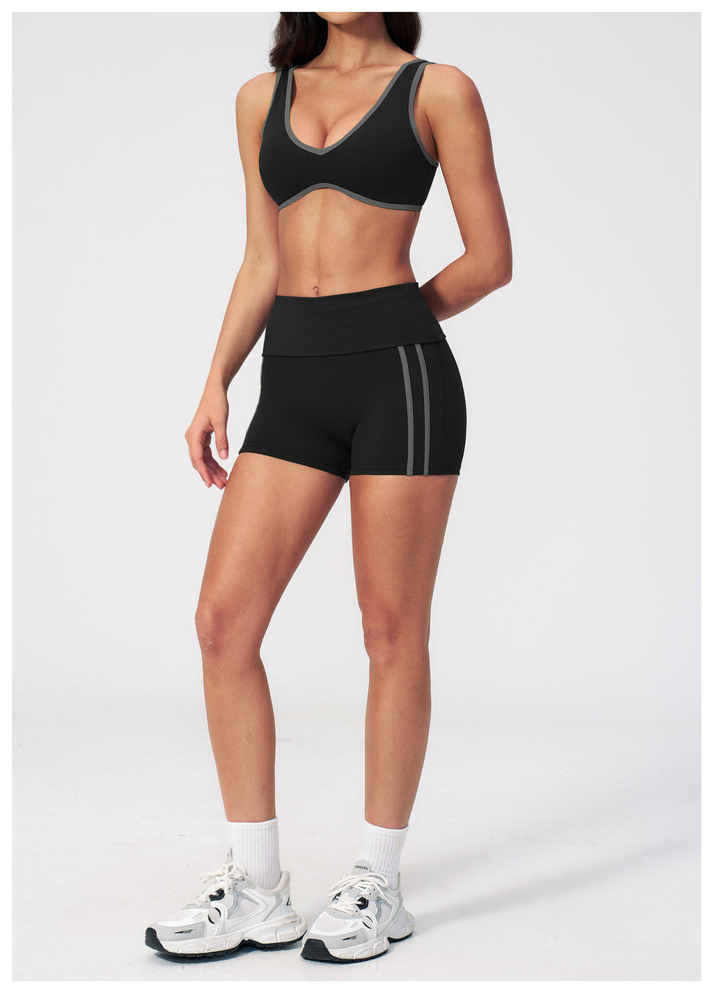 2 PCS Yoga Set Women Contrast Color V Neck Backless Sports Bra and Fold Over Waist Biker Shorts
