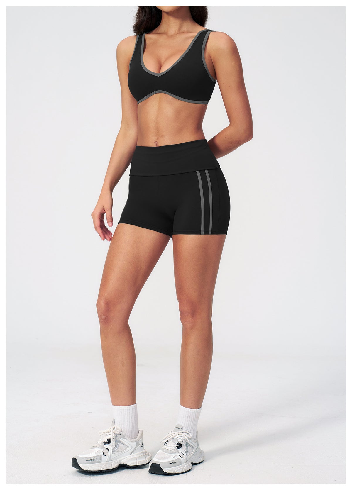 2 PCS Yoga Set Women Contrast Color V Neck Backless Sports Bra and Fold Over Waist Biker Shorts