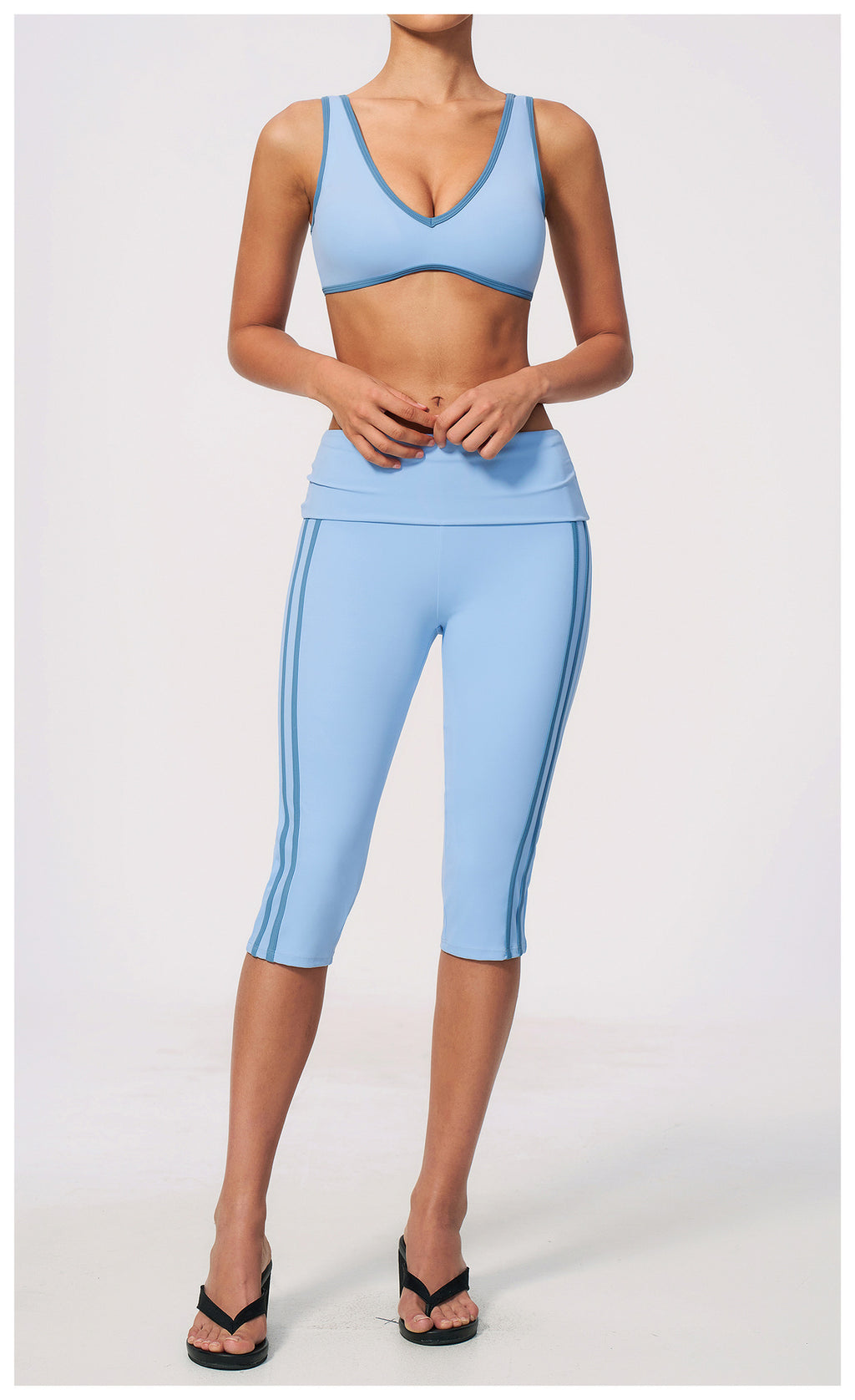 2 PCS Workout Set Women Contrast Color V Neck U Back Sports Bra and Fold Over Waist Capri Yoga Leggings