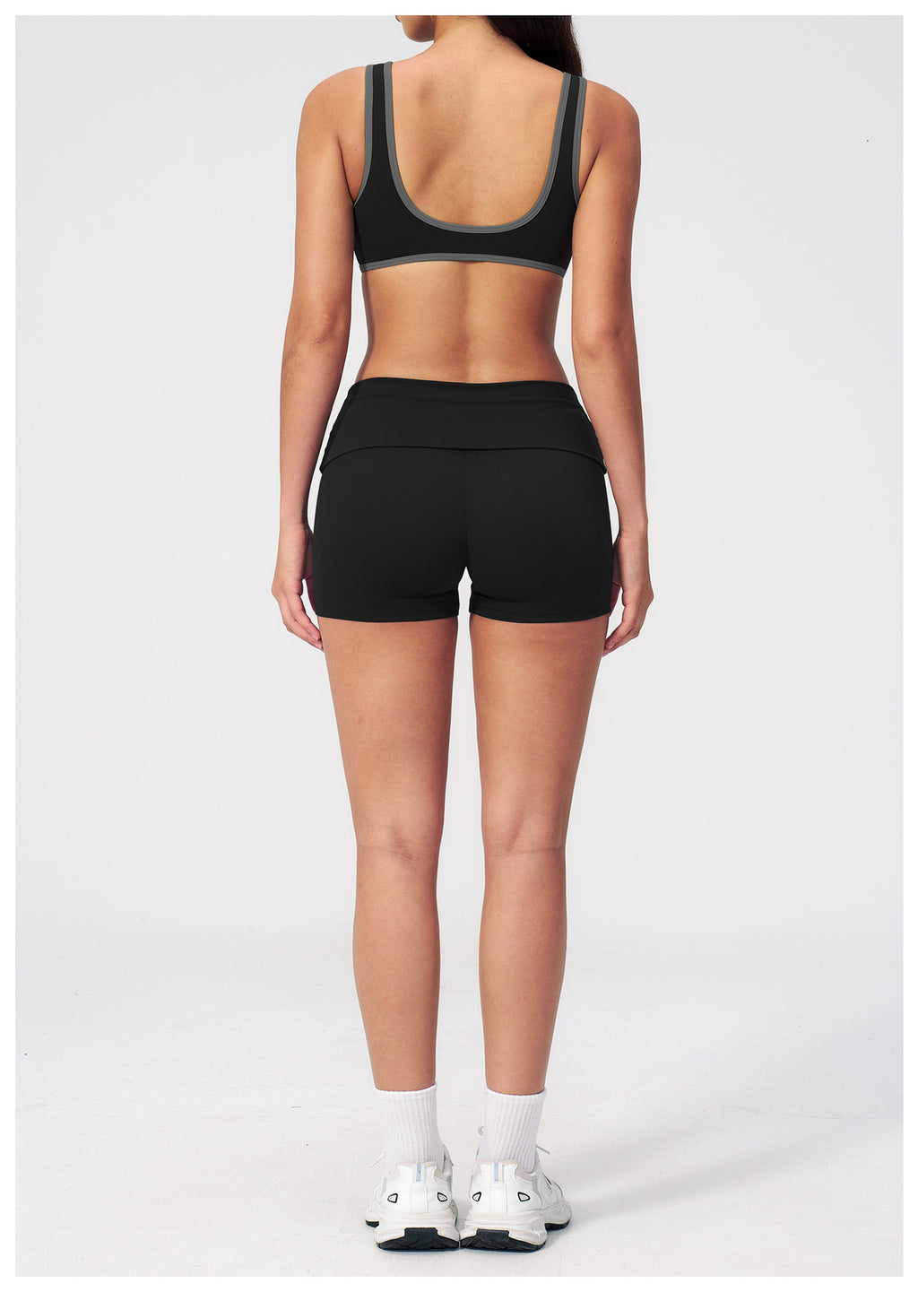 2 PCS Yoga Set Women Contrast Color V Neck Backless Sports Bra and Fold Over Waist Biker Shorts