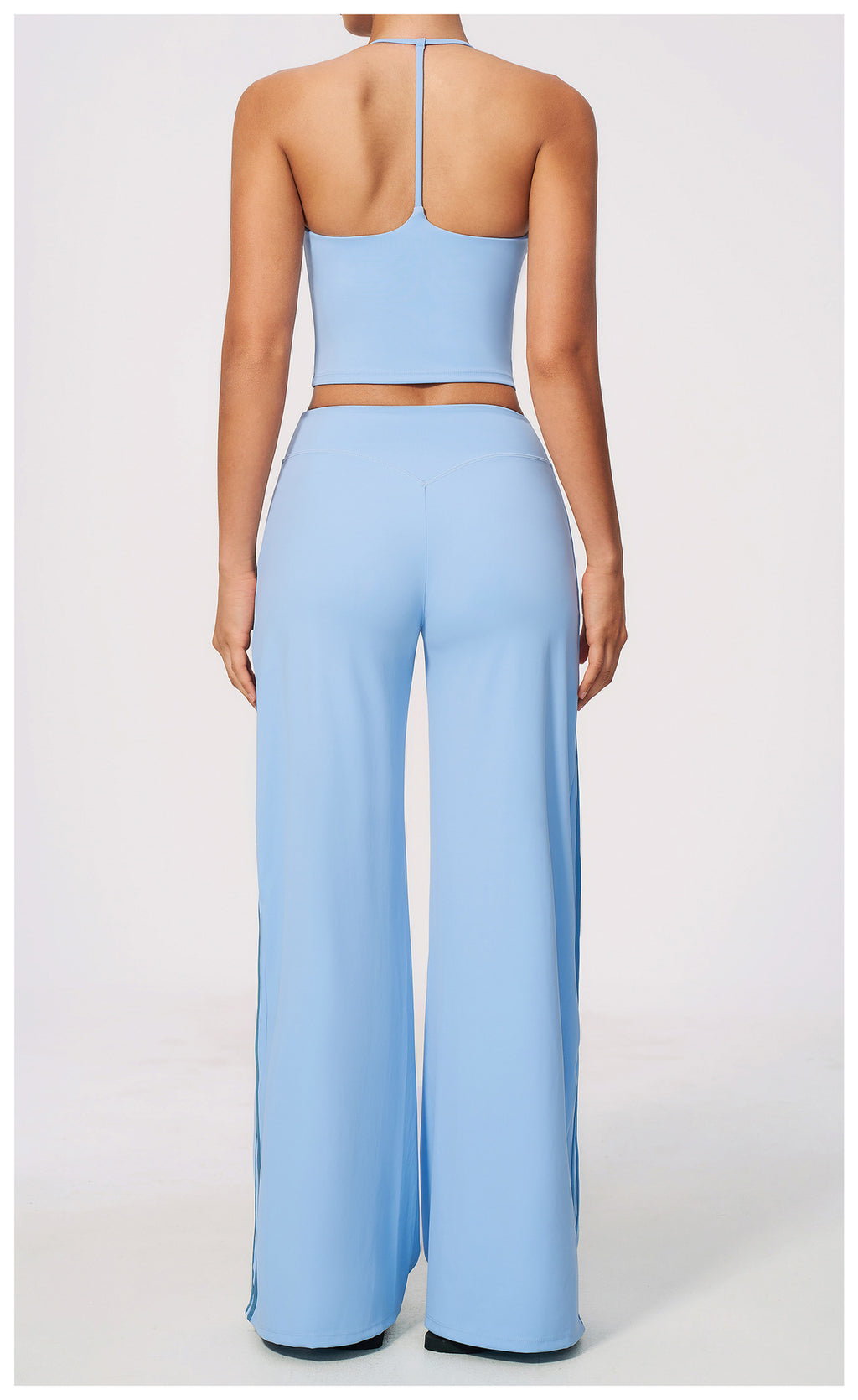 2 PCS Workout Set Women V Neck T-Back Halter Crop Tank Top and Contrast Side Stripe Fitness Sports Wide Leg Pants