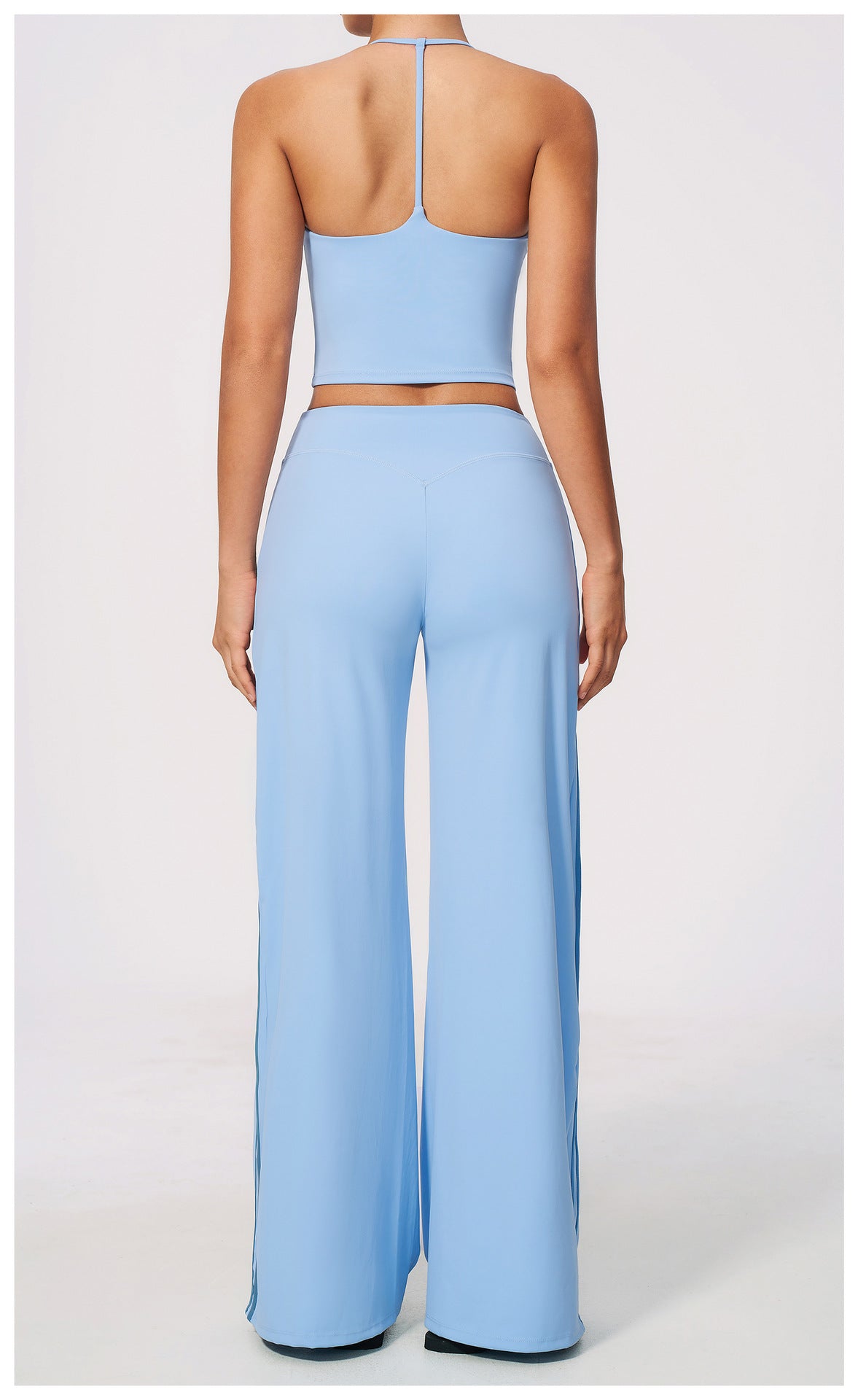 2 PCS Workout Set Women V Neck T-Back Halter Crop Tank Top and Contrast Side Stripe Fitness Sports Wide Leg Pants