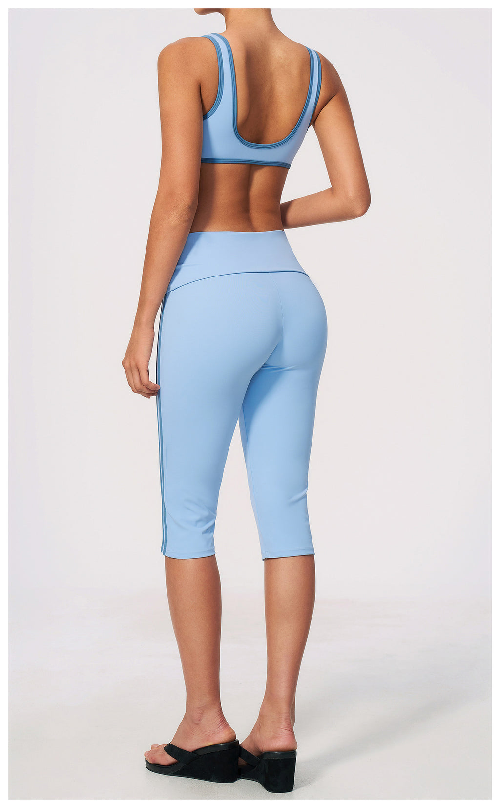 2 PCS Workout Set Women Contrast Color V Neck U Back Sports Bra and Fold Over Waist Capri Yoga Leggings