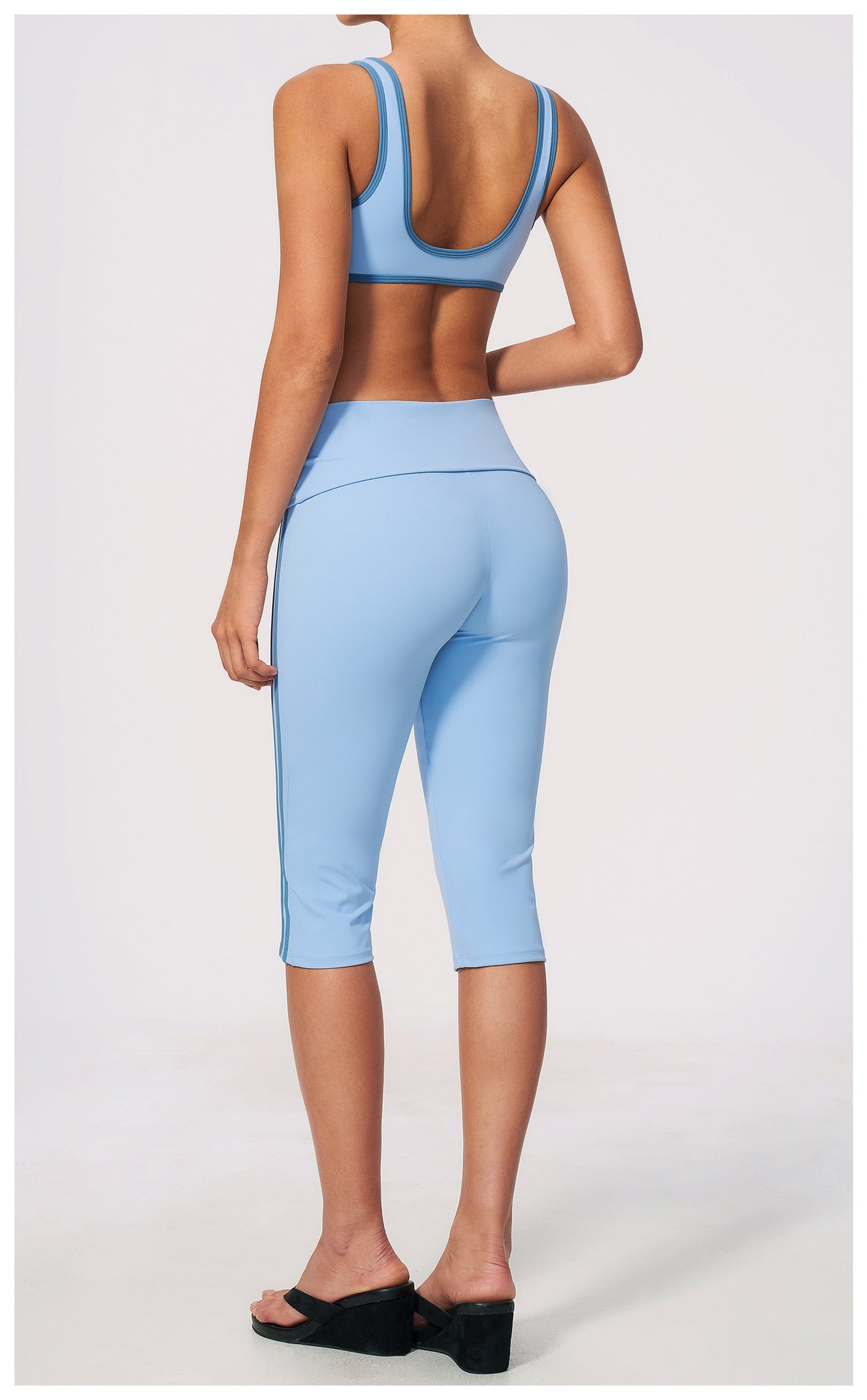 2 PCS Workout Set Women Contrast Color V Neck U Back Sports Bra and Fold Over Waist Capri Yoga Leggings
