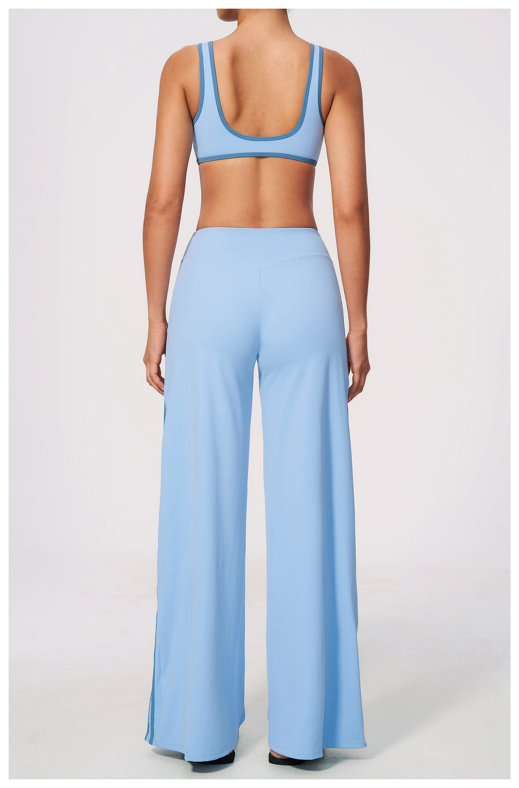 2 PCS Gym Set Women Contrast Color V Neck Backless Sports Bra and Contrast Side Stripe Fitness Sports Wide Leg Pants