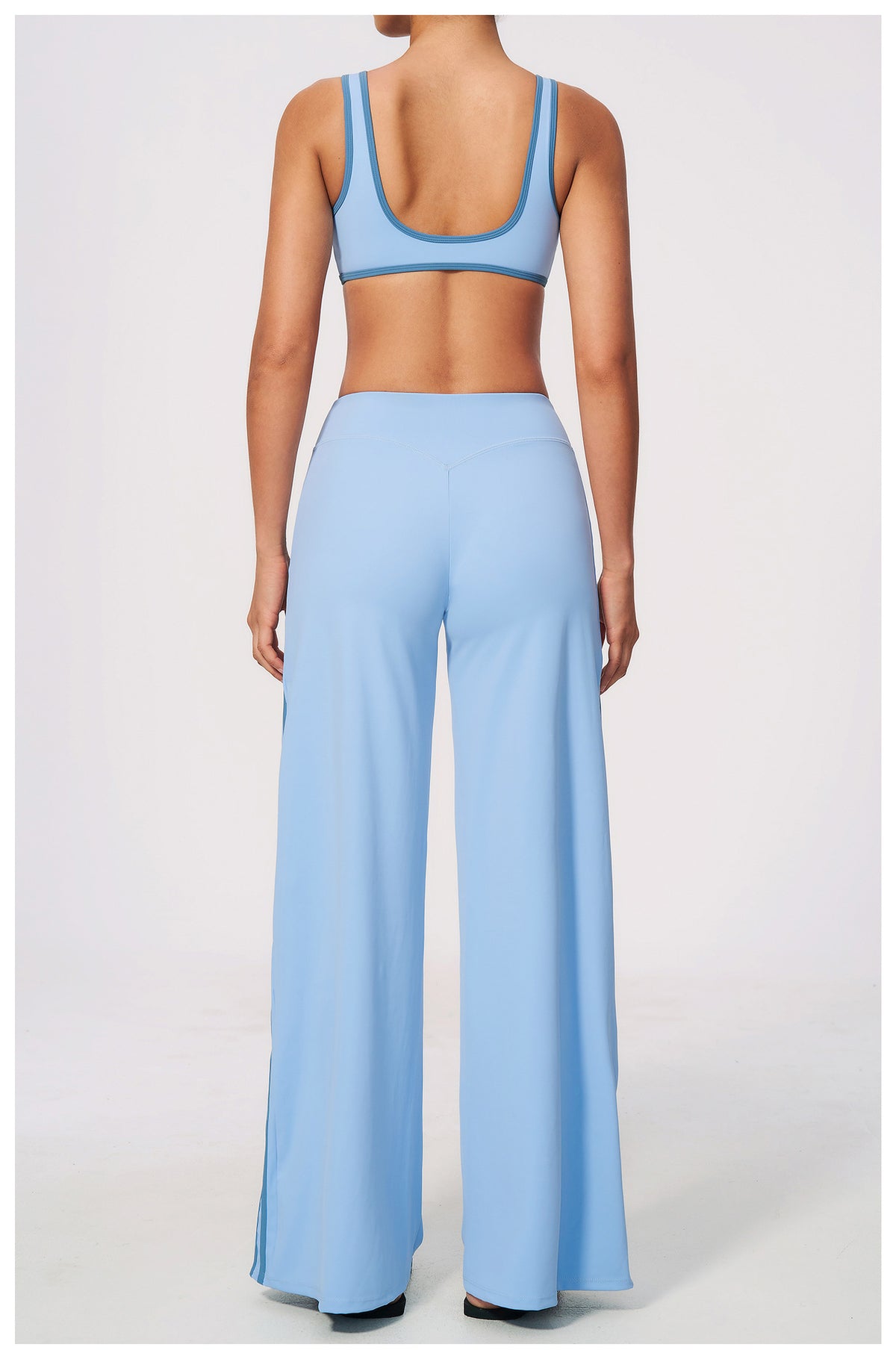 2 PCS Gym Set Women Contrast Color V Neck Backless Sports Bra and Contrast Side Stripe Fitness Sports Wide Leg Pants