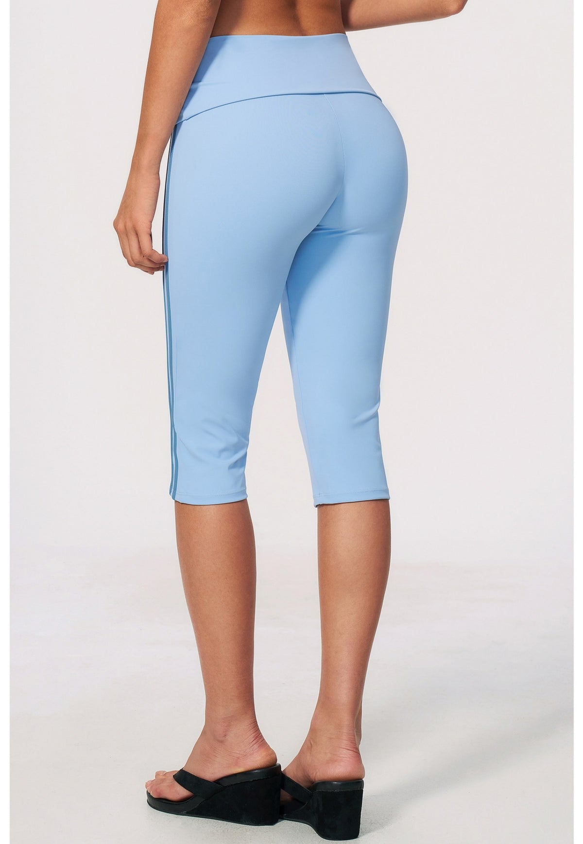 Women Fold Over Waist Contrast Side Stripe Capri Yoga Leggings