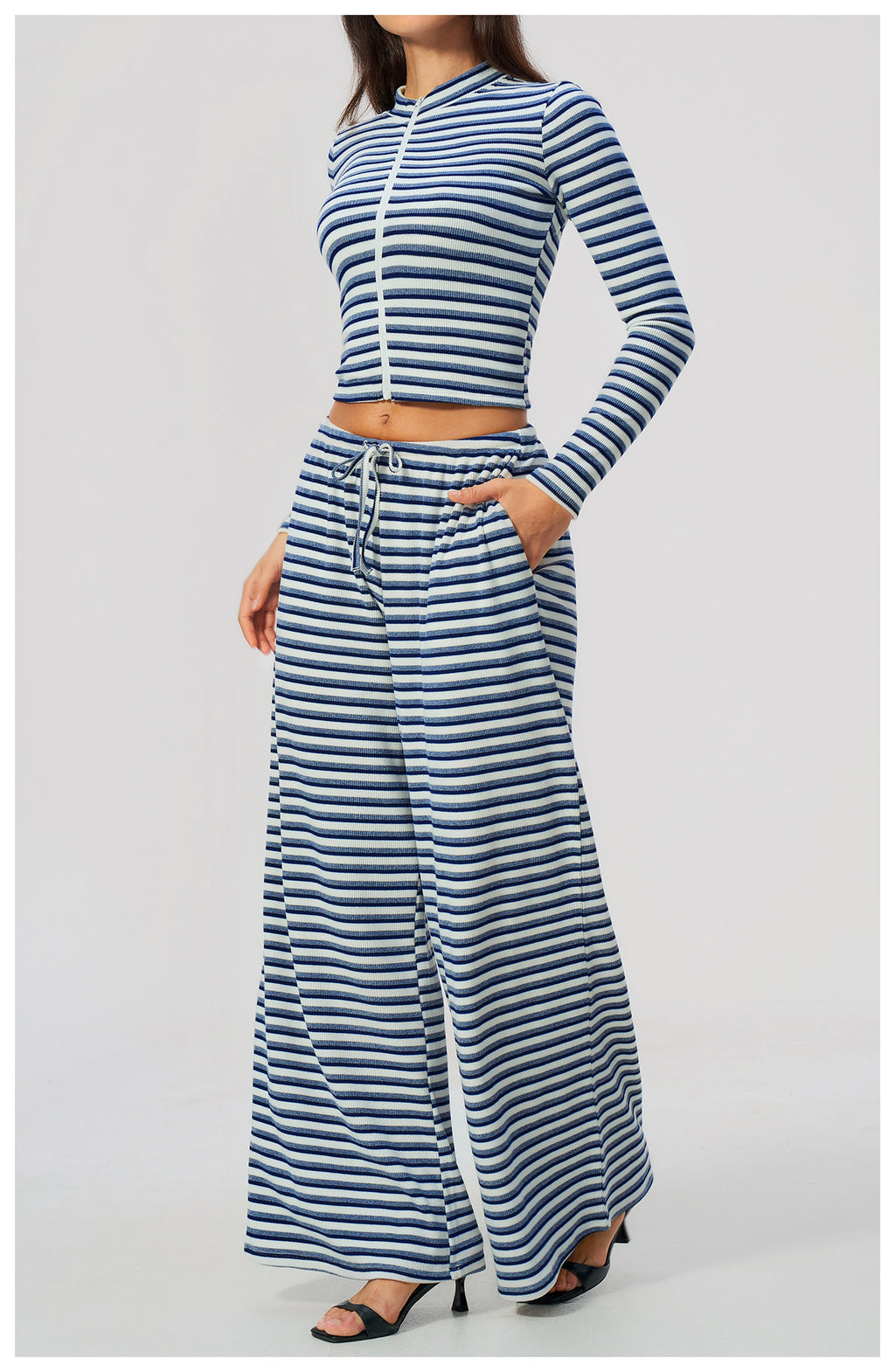 2 Piece Workout Loungewear Set Women Ribbed Striped Stand Collar Long Sleeve Cropped Zip up Jacket and Elastic Drawstring Waist Wide Leg Pants with Pocket