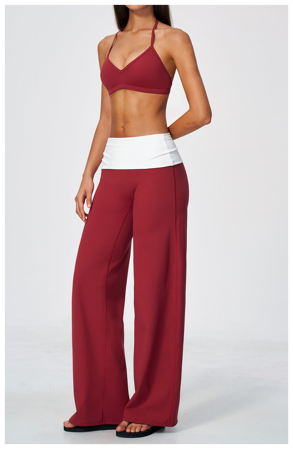 2 Piece Set Deep V-Neck Halter Thin Strap Backless Sports Bra and ColorBlock High Waisted Wide Leg Yoga Athletic Pants