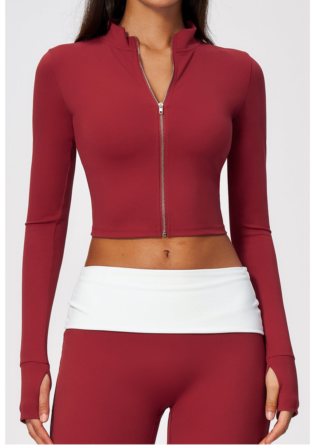 Women Stand Collar Full Zip Cropped Running Yoga Workout Jacket with Thumb Holes