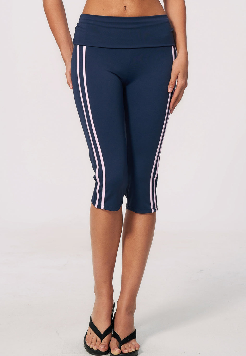 Women Fold Over Waist Contrast Side Stripe Capri Yoga Leggings