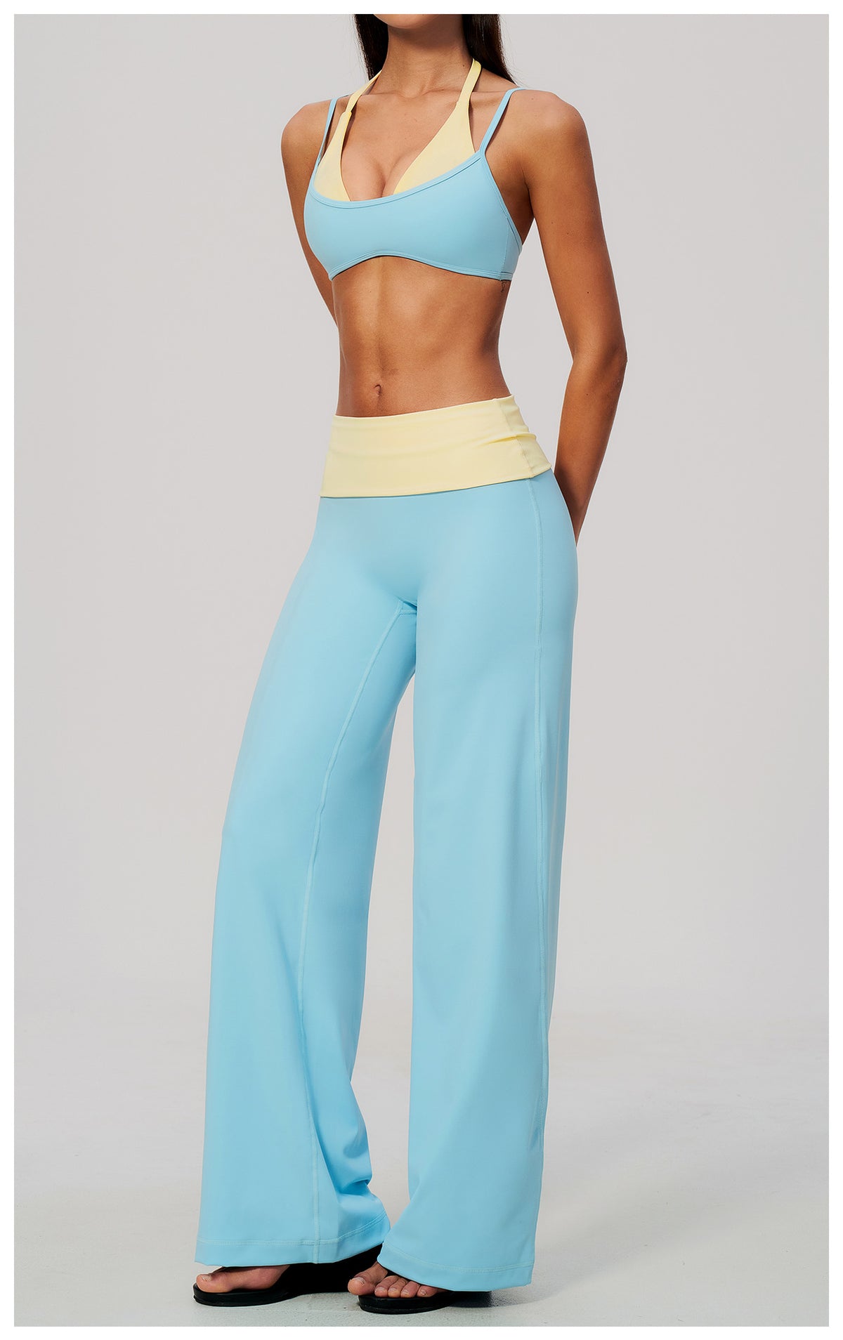 2 Piece Colorblock Double Strap Halter Sports Bra and Foldover Waist High-Rise Loose Wide Leg Yoga Pants Set