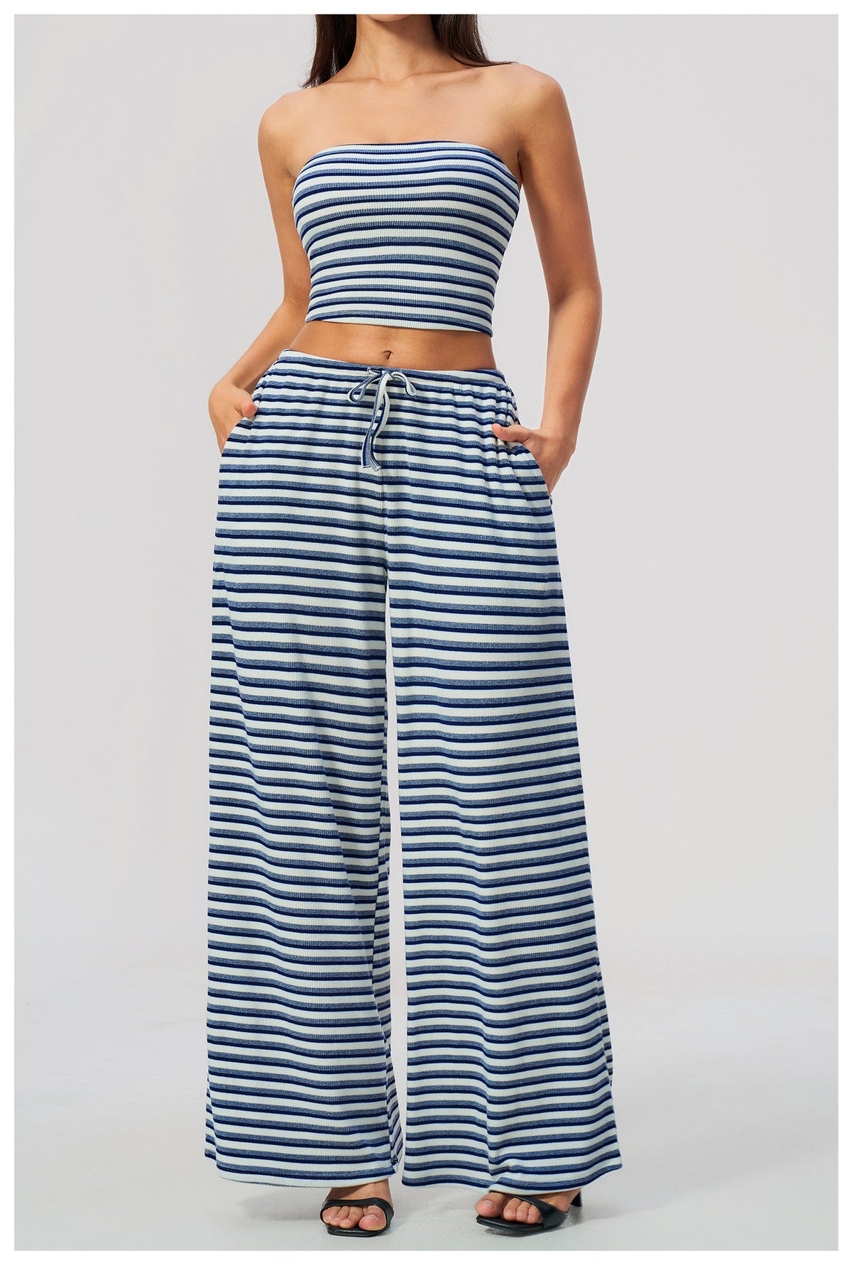 2 Piece Workout Loungewear Set Women Ribbed Striped Strapless Soft Tube Top and Elastic Drawstring Waist Wide Leg Pants with Pocket