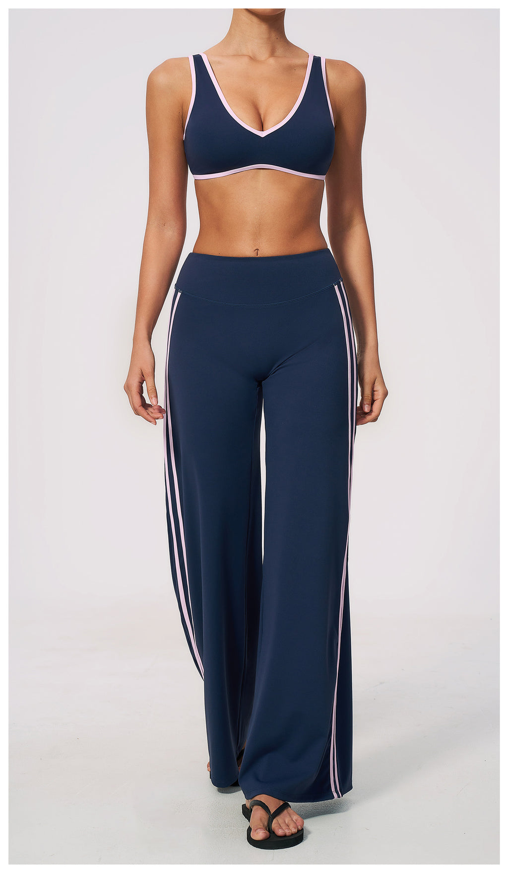 2 PCS Gym Set Women Contrast Color V Neck Backless Sports Bra and Contrast Side Stripe Fitness Sports Wide Leg Pants