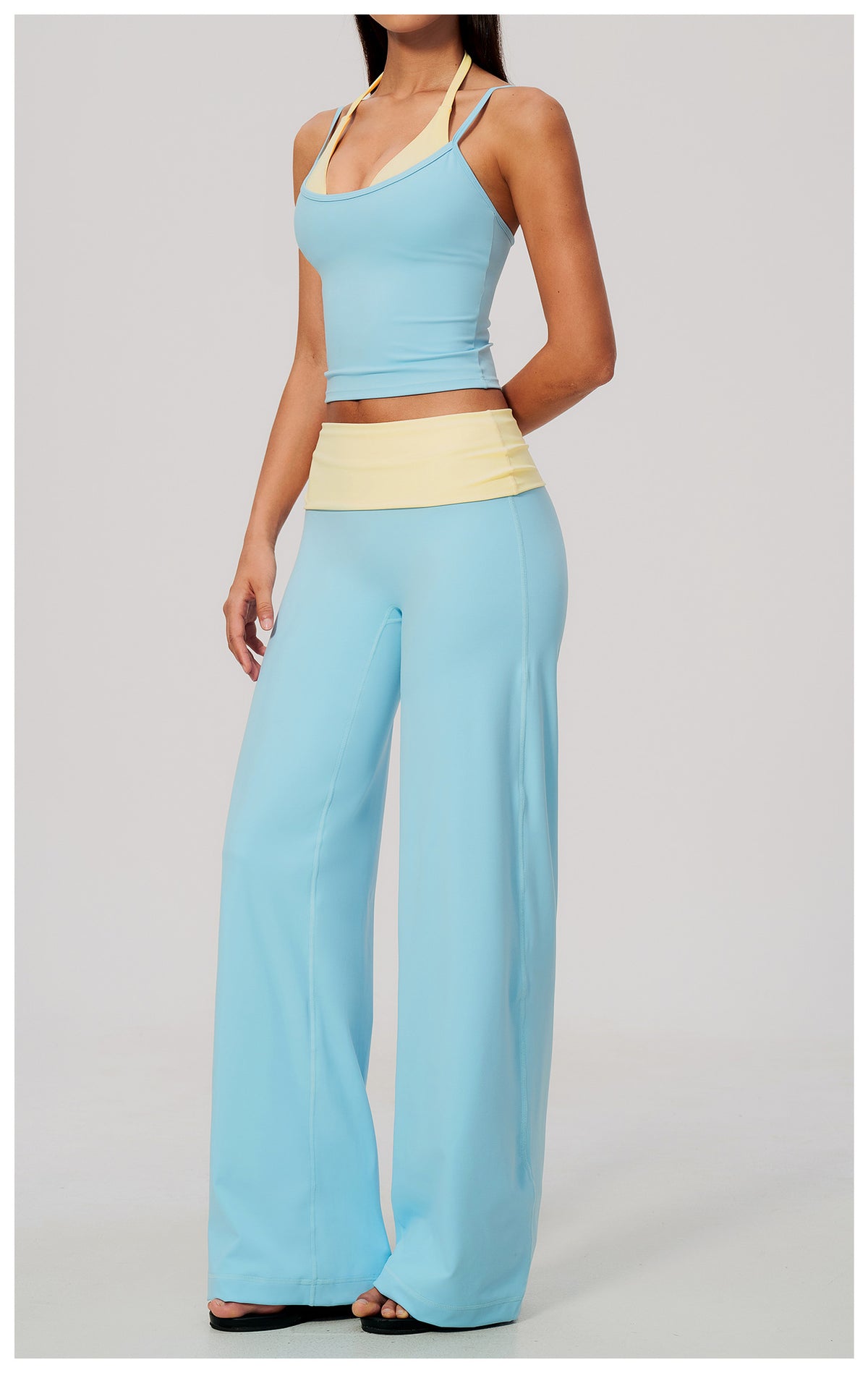 2 Piece Colorblock Double Strap Halter Yoga Vest and Foldover Waist High-Rise Loose Wide Leg Yoga Pants Set