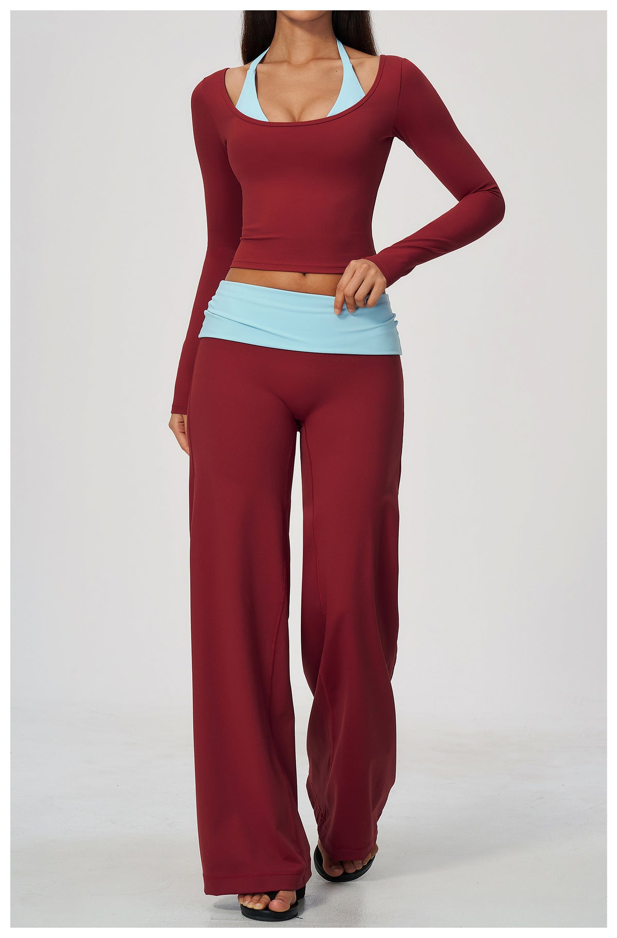 2 Piece Colorblock Double Strap Halter Long Sleeve Cropped Fitness Yoga Top and Foldover Waist High-Rise Loose Wide Leg Yoga Pants Set