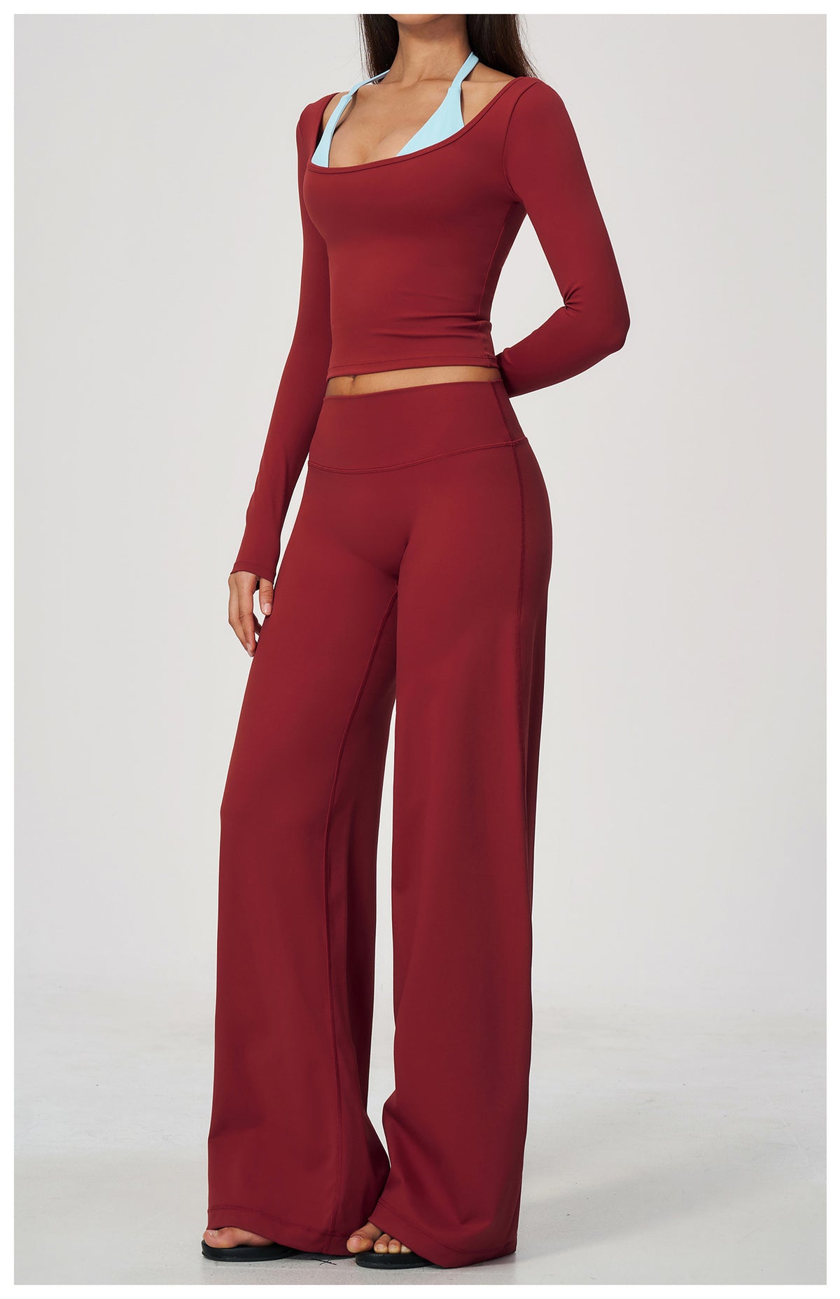 2 Piece Colorblock Double Strap Halter Long Sleeve Cropped Fitness Yoga Top and High Waisted Loose Fit Wide Leg Yoga Pants Set