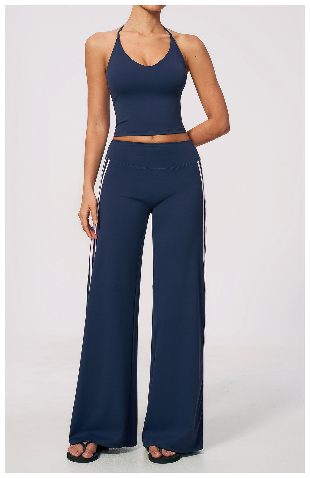 2 PCS Workout Set Women V Neck T-Back Halter Crop Tank Top and Contrast Side Stripe Fitness Sports Wide Leg Pants