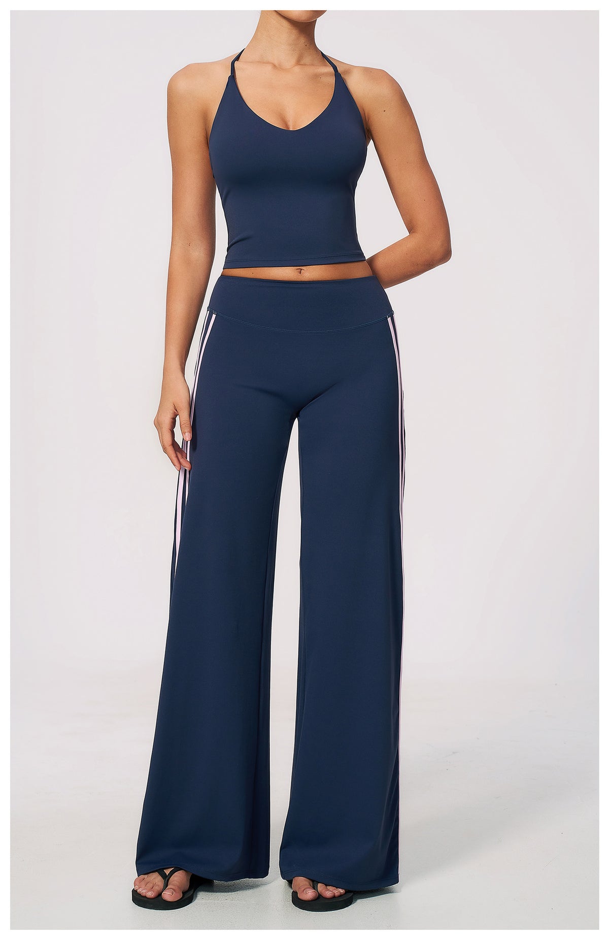 2 PCS Workout Set Women V Neck T-Back Halter Crop Tank Top and Contrast Side Stripe Fitness Sports Wide Leg Pants