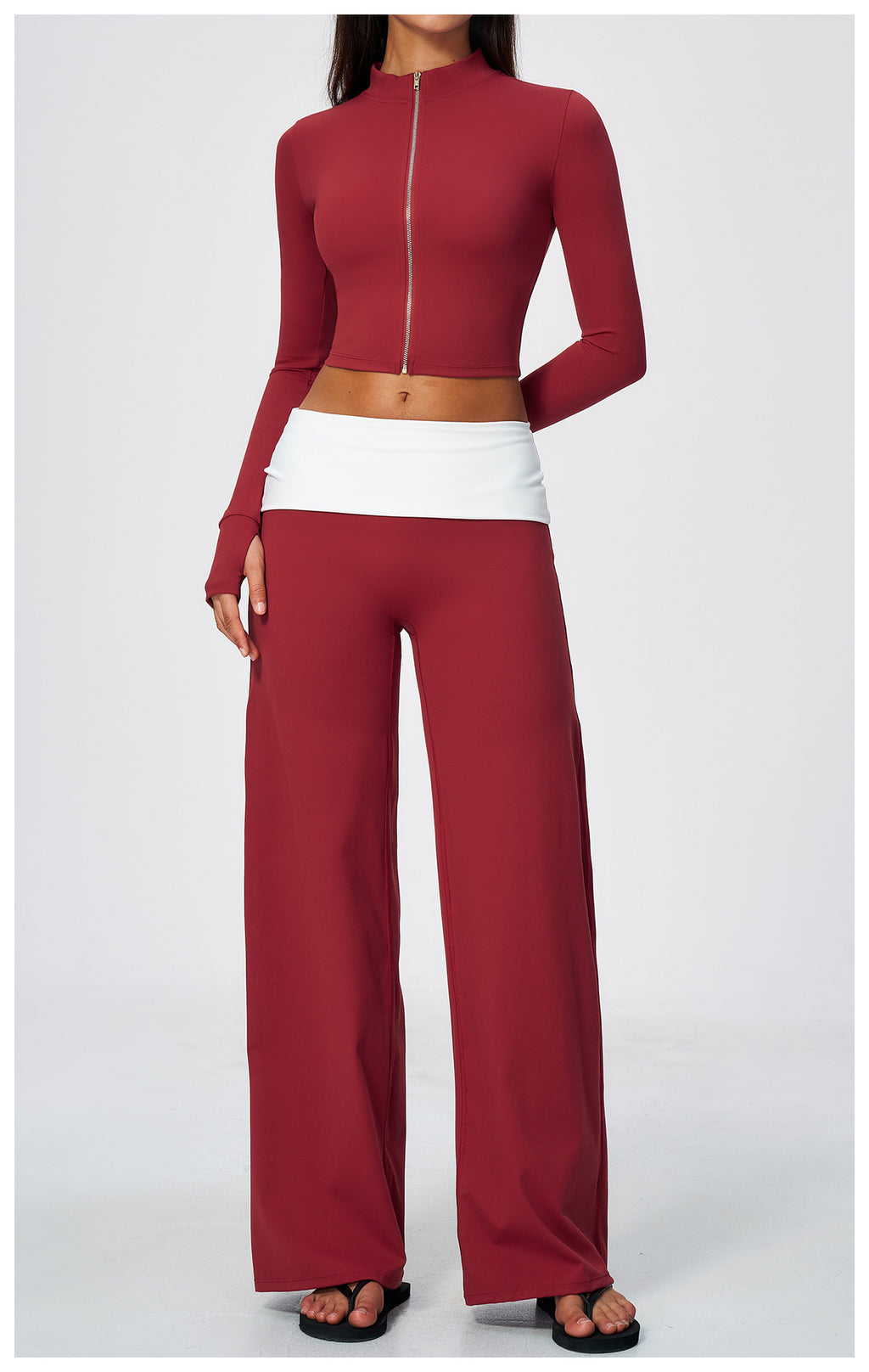 2 Piece Set Stand Collar Full Zip Cropped Running Yoga Workout Jacket and ColorBlock High Waisted Wide Leg Yoga Athletic Pants