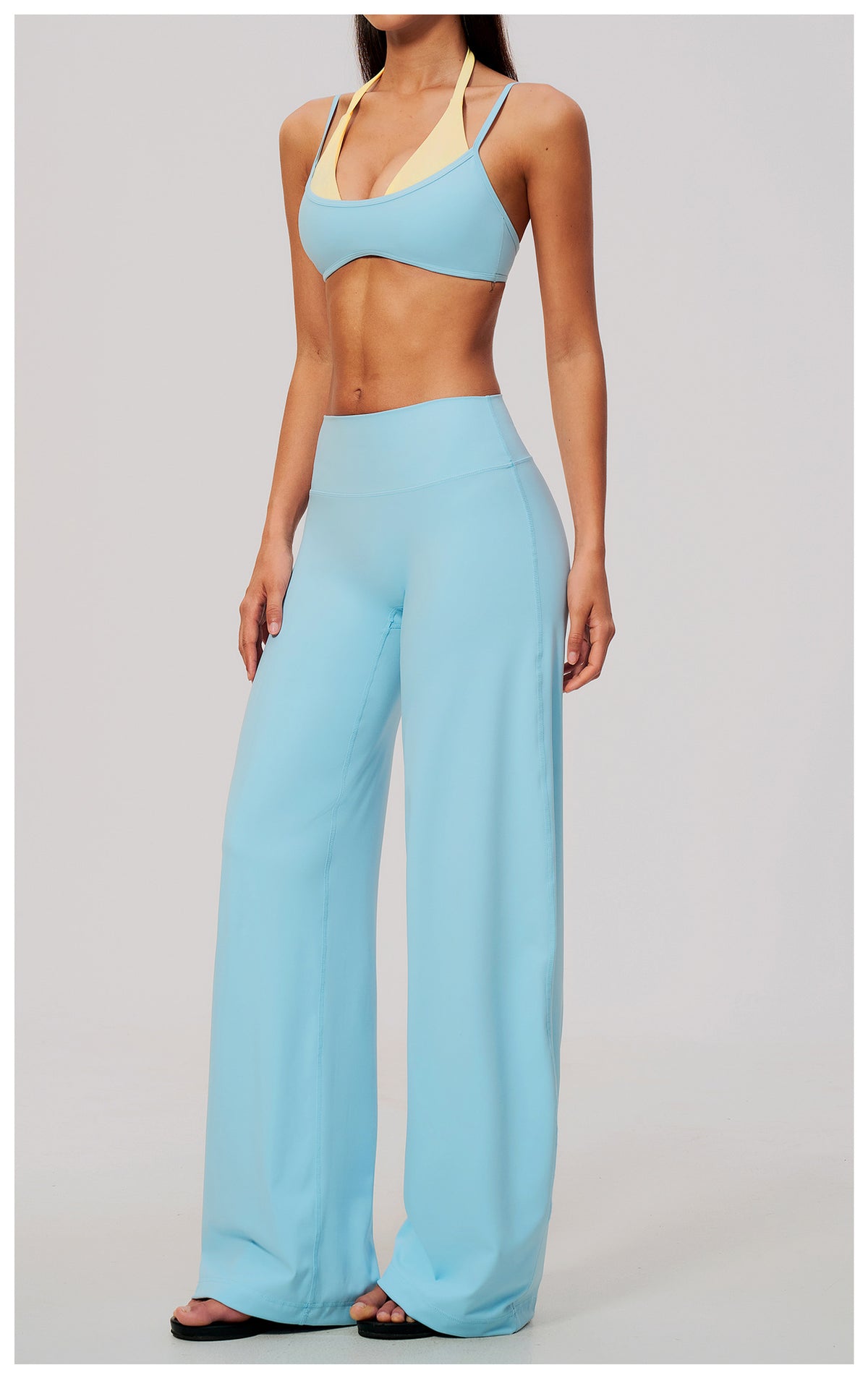 2 Piece Colorblock Double Strap Halter Sports Bra and High Waisted Loose Fit Wide Leg Yoga Pants Set