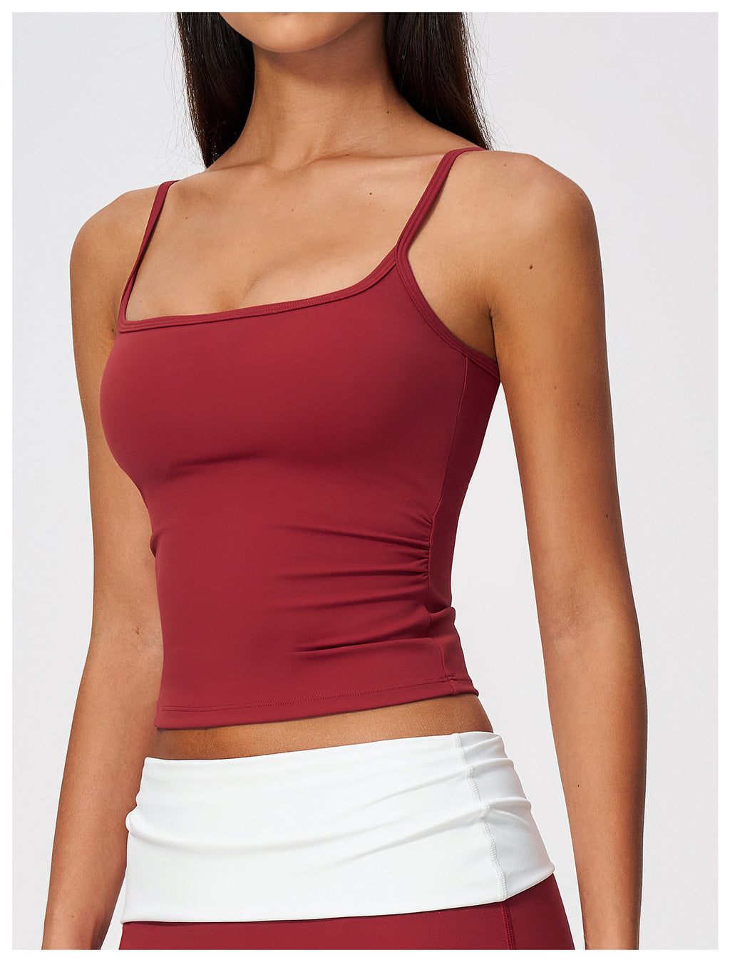 Women Square Neck Adjustable Strap Ruched Slim Fit Workout Yoga Vest with Chest Pad