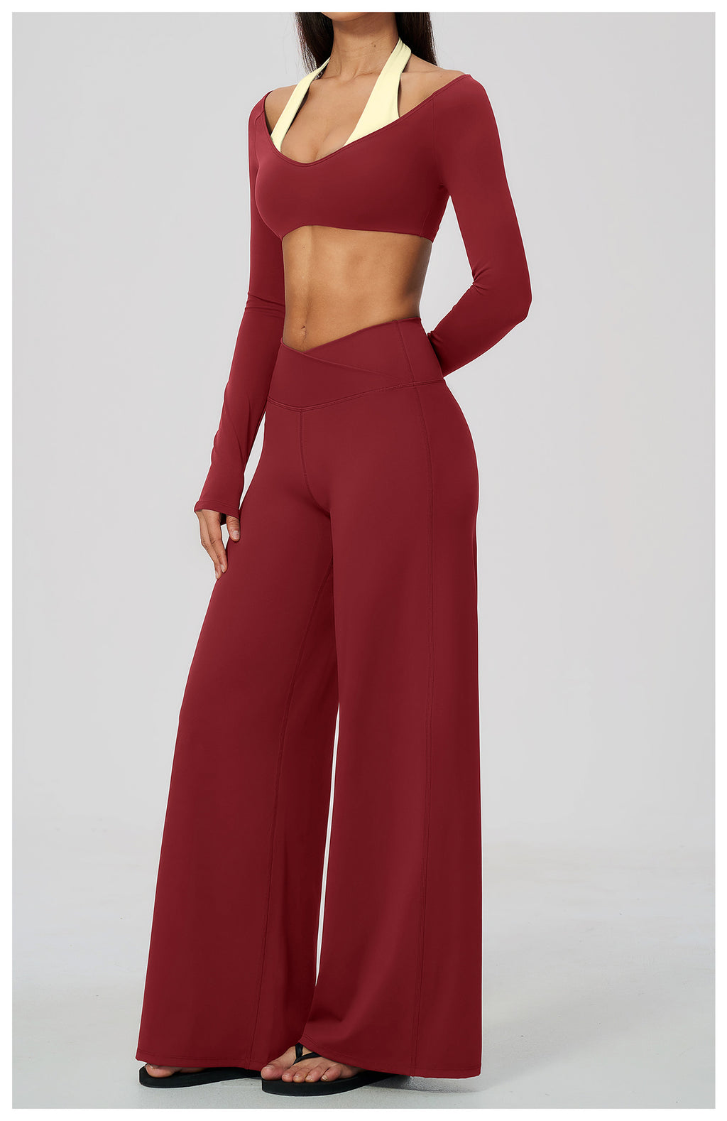 2 Piece Colorblock Halter Long Sleeve Cropped Yoga Top and Cross Waist Wide Leg Yoga Pants Set