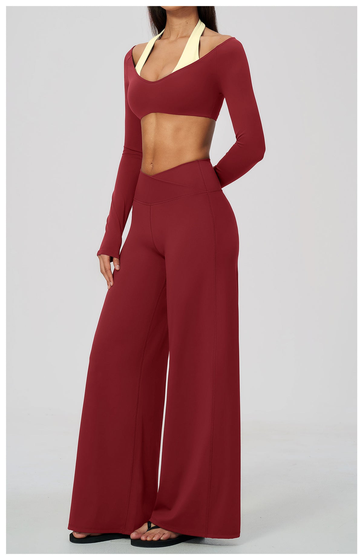 2 Piece Colorblock Halter Long Sleeve Cropped Yoga Top and Cross Waist Wide Leg Yoga Pants Set