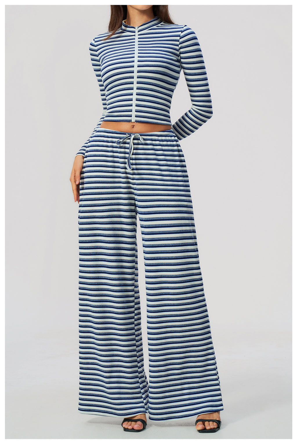 2 Piece Workout Loungewear Set Women Ribbed Striped Stand Collar Long Sleeve Cropped Zip up Jacket and Elastic Drawstring Waist Wide Leg Pants with Pocket