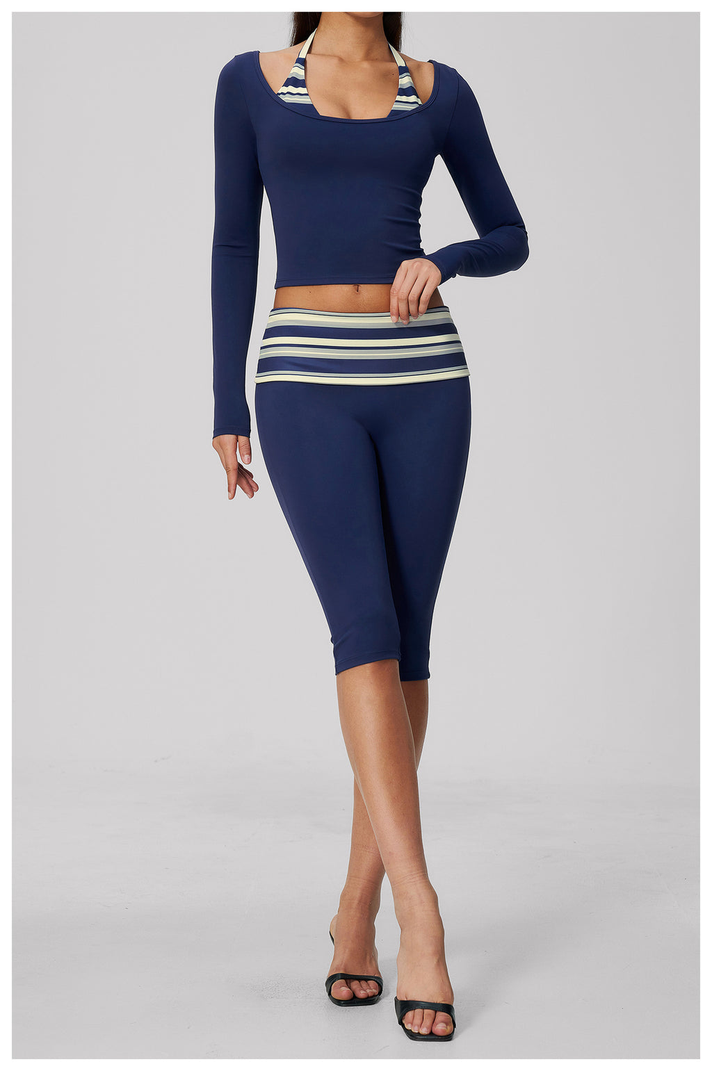 Women 2 Piece Yoga Set Halter Fake Two Piece Long Sleeve Yoga Top and Fold Over Striped Waist Capri Yoga Leggings