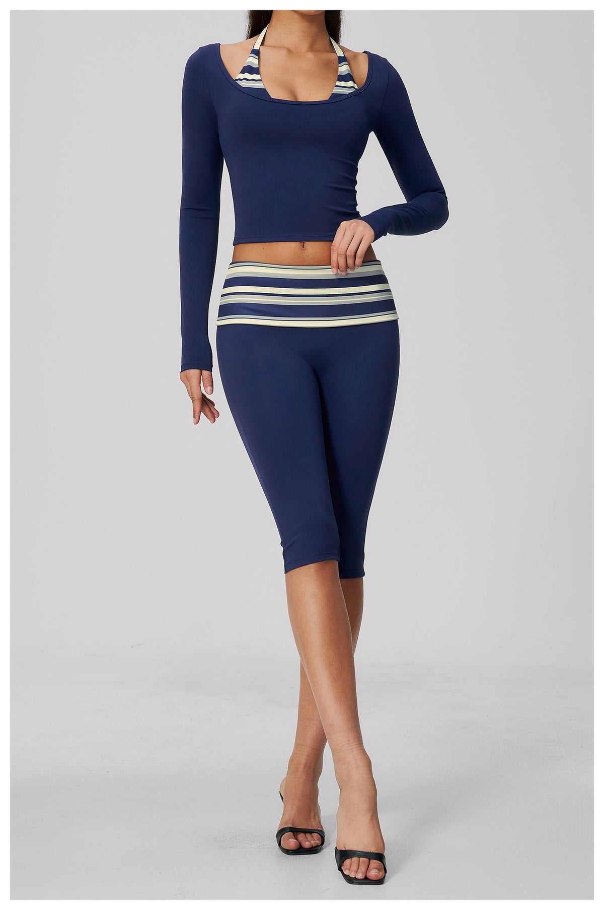 Women 2 Piece Yoga Set Halter Fake Two Piece Long Sleeve Yoga Top and Fold Over Striped Waist Capri Yoga Leggings