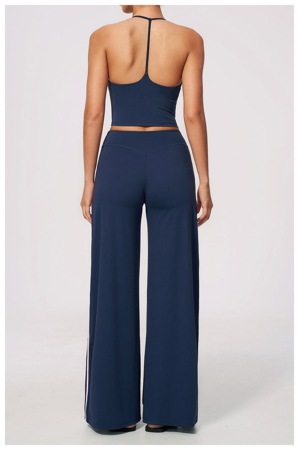 2 PCS Workout Set Women V Neck T-Back Halter Crop Tank Top and Contrast Side Stripe Fitness Sports Wide Leg Pants