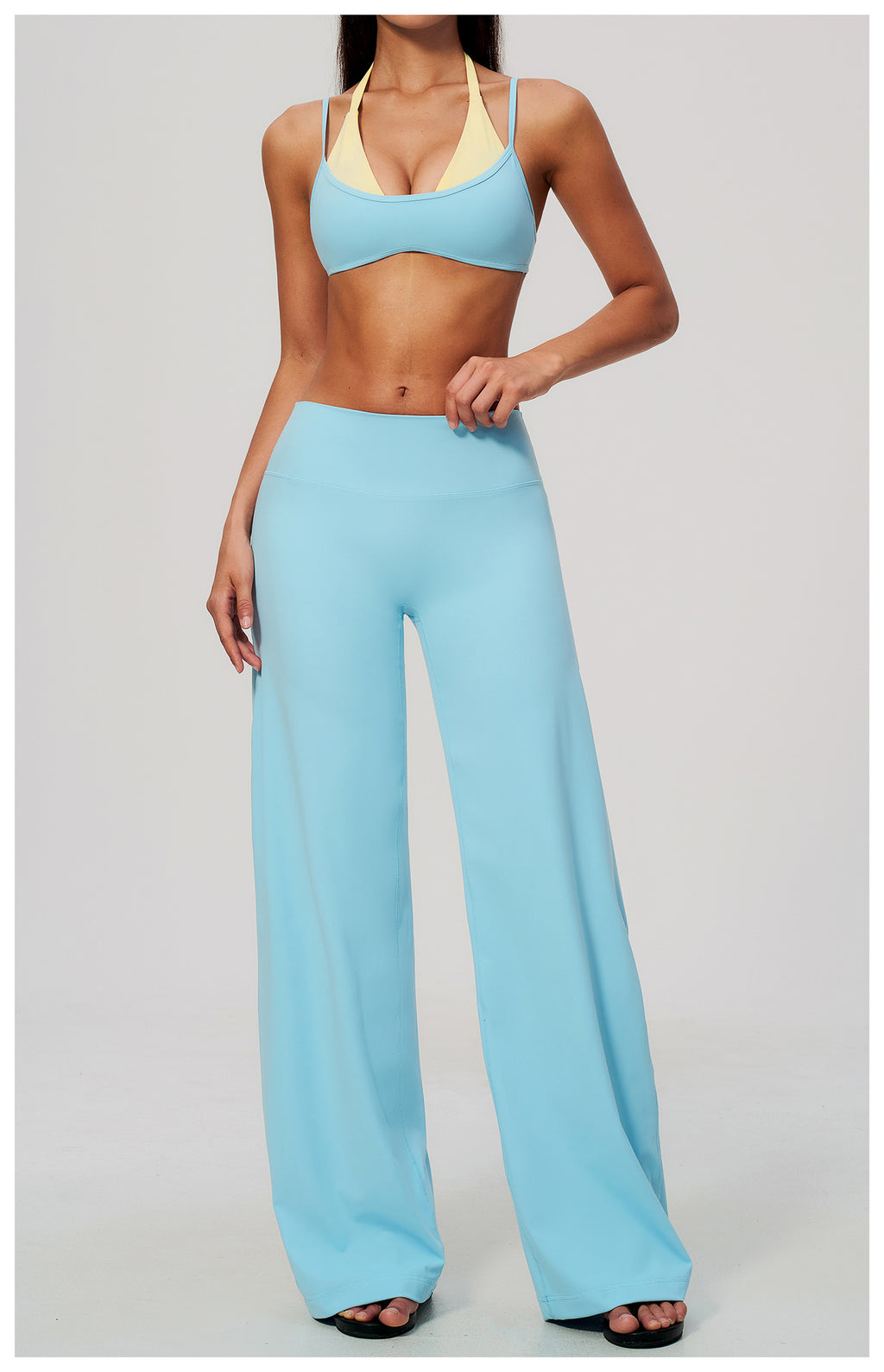2 Piece Colorblock Double Strap Halter Sports Bra and High Waisted Loose Fit Wide Leg Yoga Pants Set