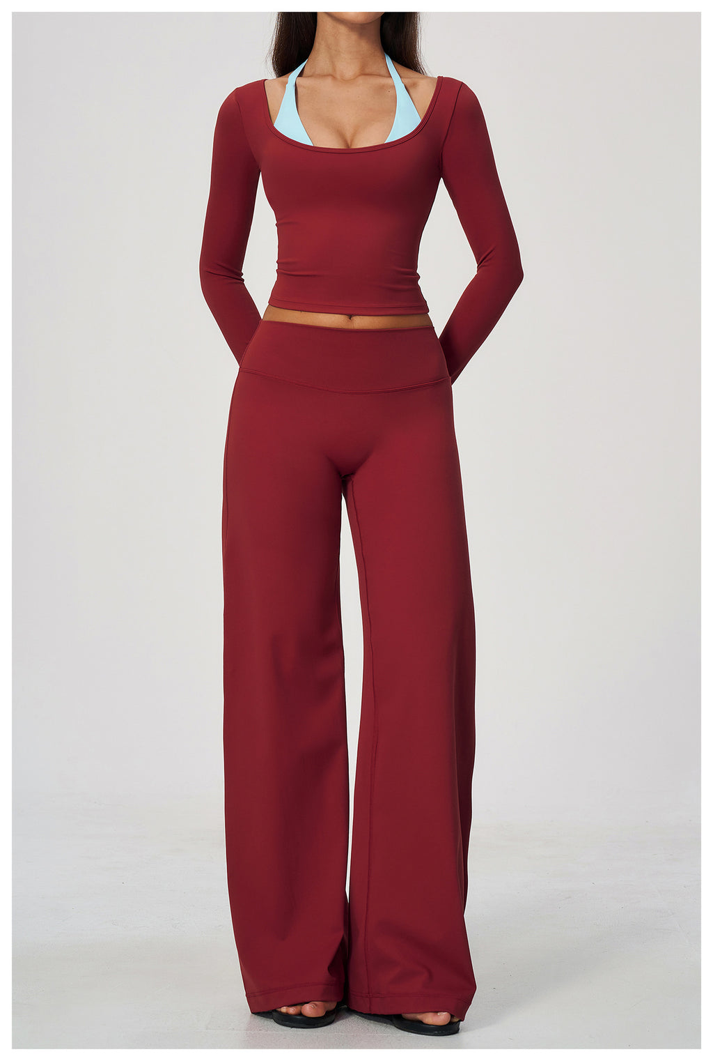 2 Piece Colorblock Double Strap Halter Long Sleeve Cropped Fitness Yoga Top and High Waisted Loose Fit Wide Leg Yoga Pants Set