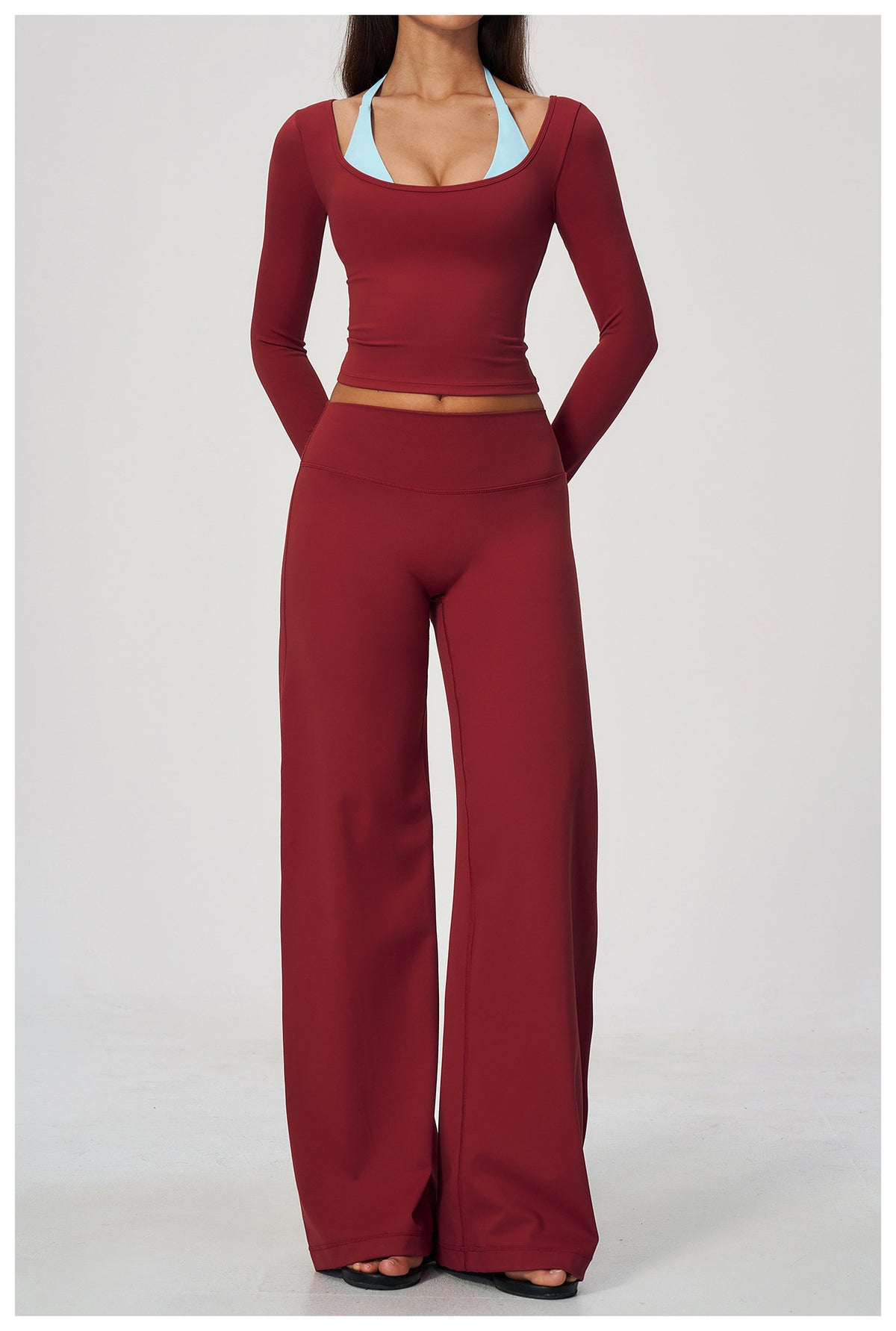 2 Piece Colorblock Double Strap Halter Long Sleeve Cropped Fitness Yoga Top and High Waisted Loose Fit Wide Leg Yoga Pants Set