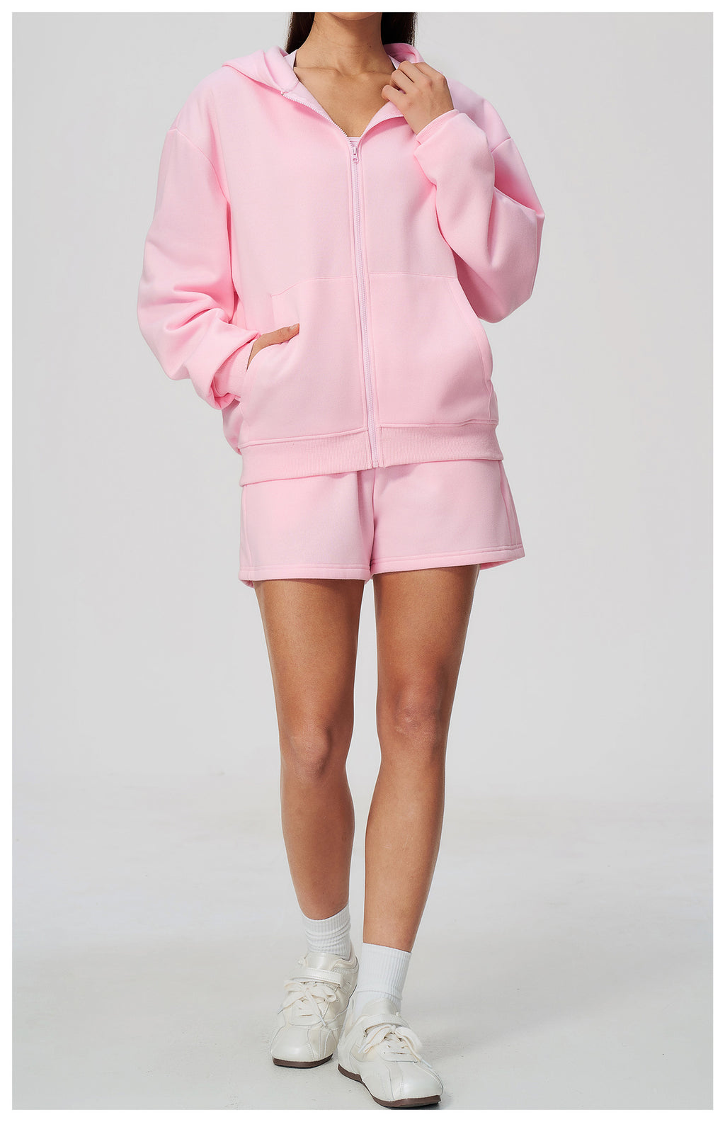 Women 2 Piece Fall Winter Tracksuits Fleece Lined Full Zip Oversized Hooded Jacket and Drawstring Waist Loose Sweat Shorts with Pocket