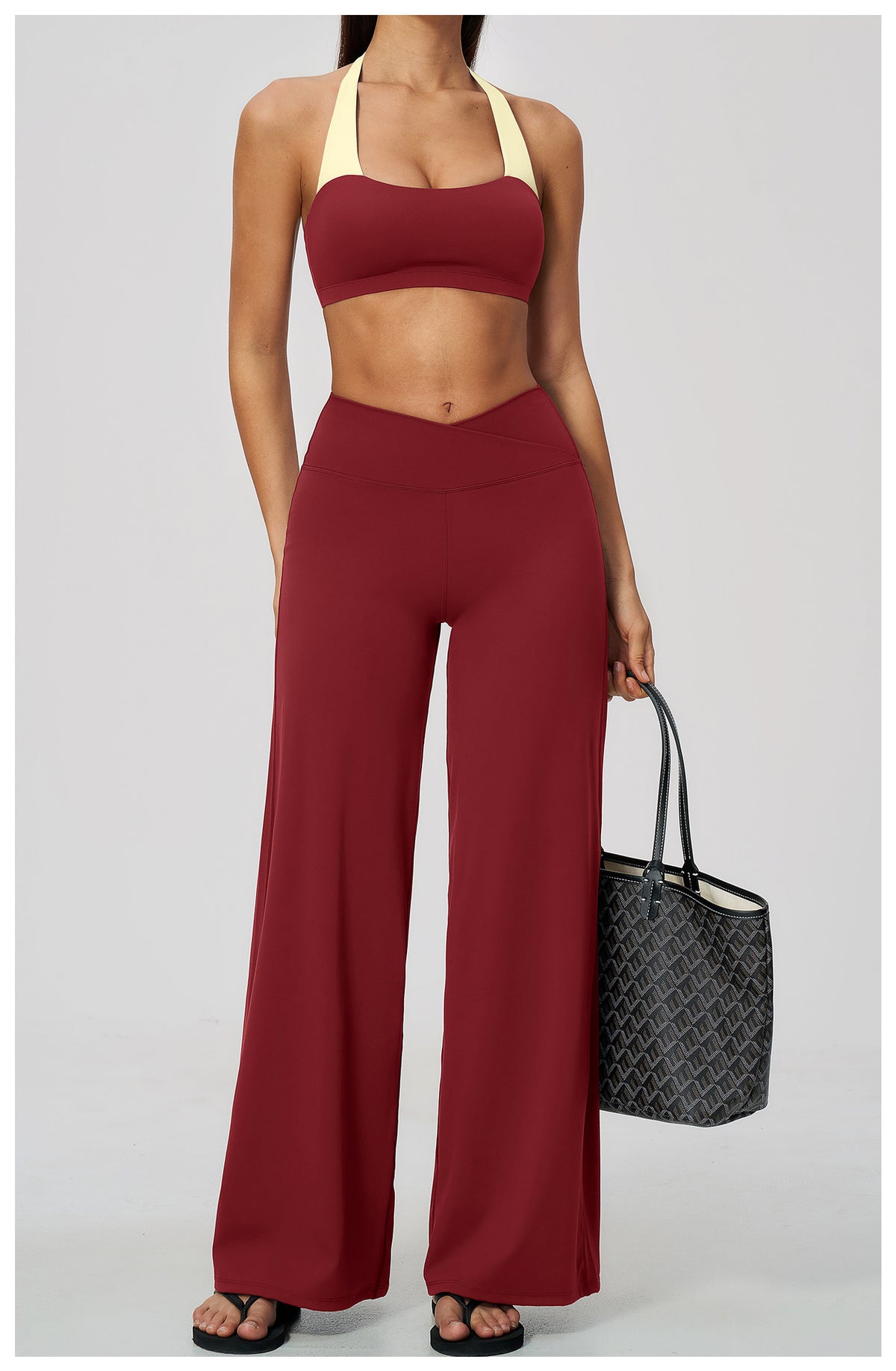 2 Piece Colorblock Halter Sports Bra and Cross Waist Wide Leg Yoga Pants Set