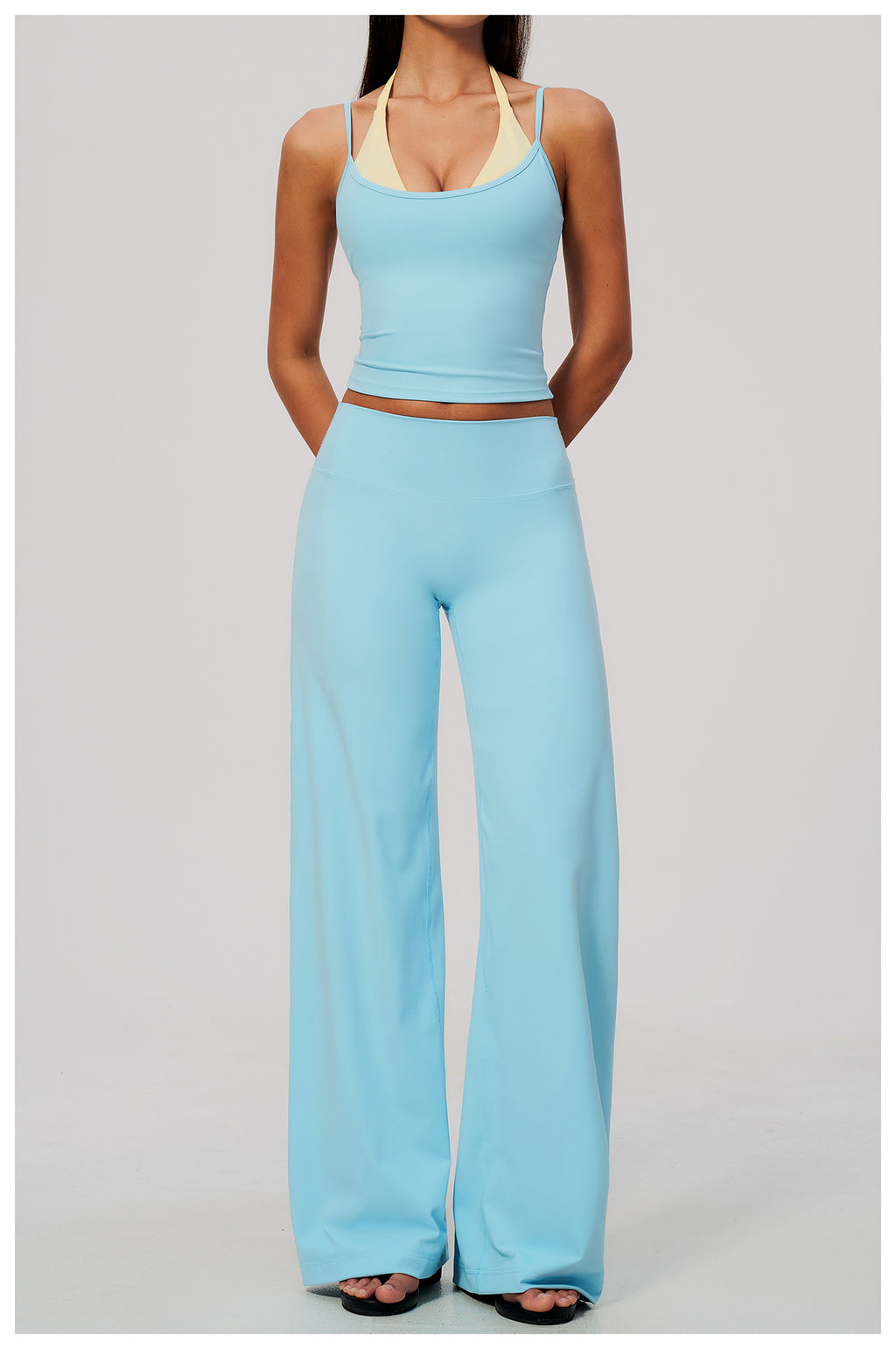 2 Piece Colorblock Double Strap Halter Yoga Vest and High Waisted Loose Fit Wide Leg Yoga Pants Set