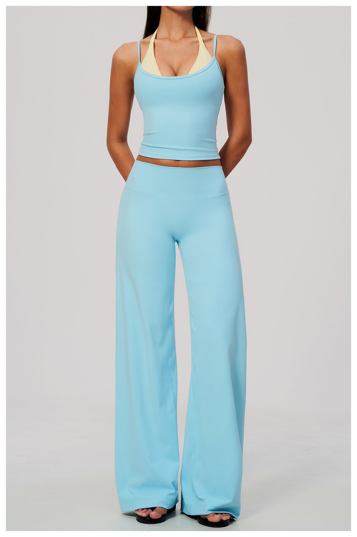 2 Piece Colorblock Double Strap Halter Yoga Vest and High Waisted Loose Fit Wide Leg Yoga Pants Set