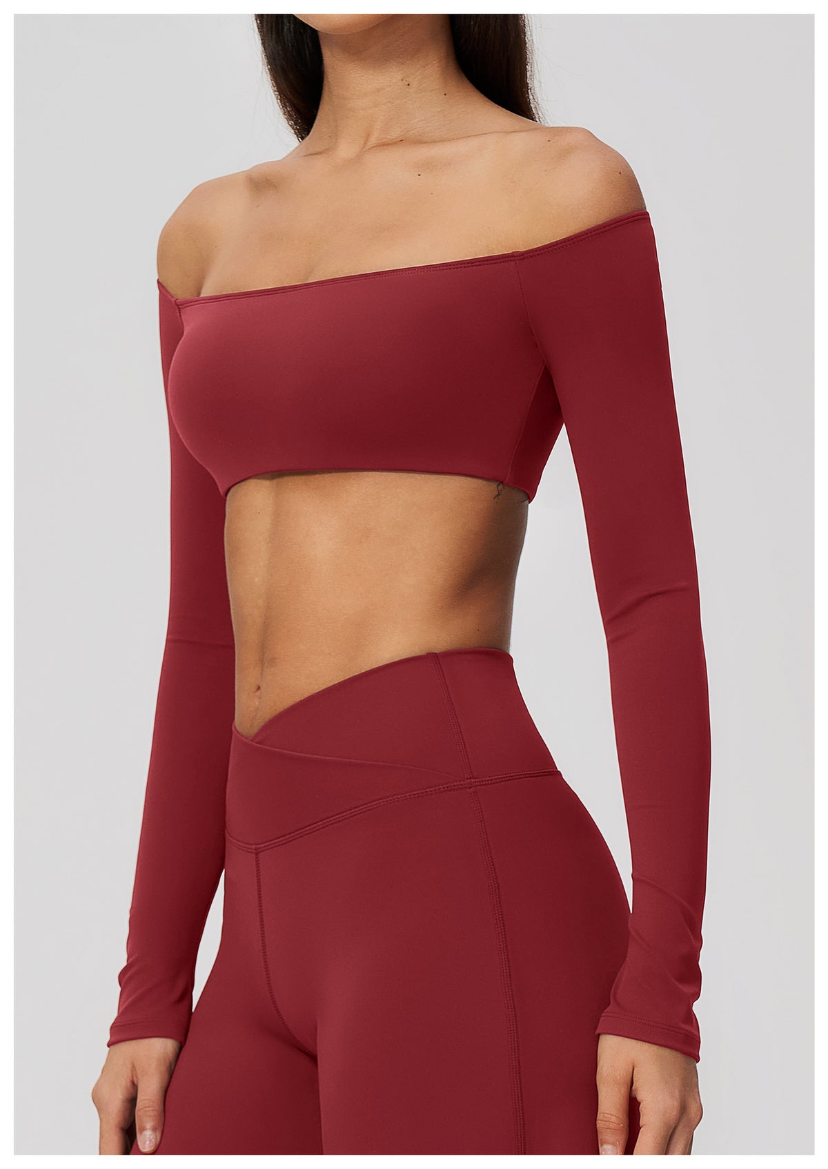 Women Off Shoulder Cropped Long Sleeve Sports Top with Chest Pads