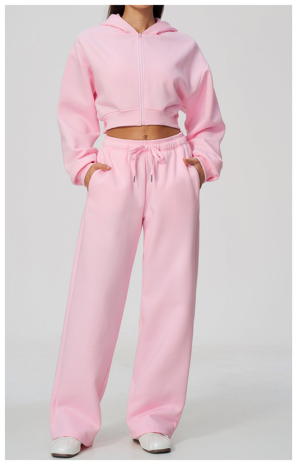Women 2 Piece Fall Winter Tracksuits Fleece Lined Cropped Zip Up Hoodie and Drawstring Waist Wide Leg Sweatpants with Side Pockets