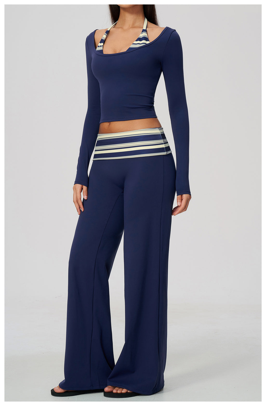 Women 2 Piece Yoga Set Halter Fake Two Piece Long Sleeve Yoga Top and Fold Over Striped Waist Wide Leg Workout Pants