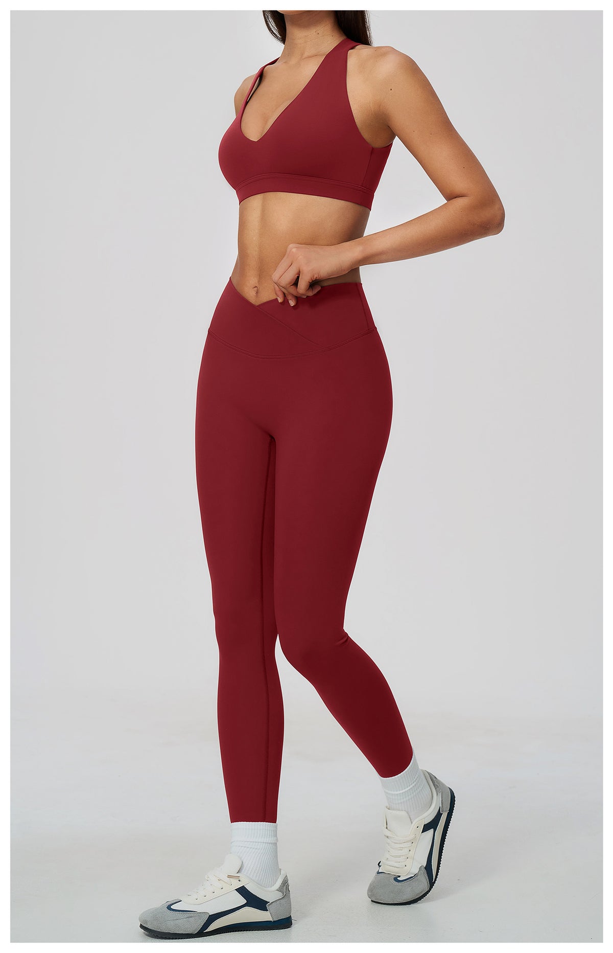 2 Piece Deep V-Neck Sports Bra and Cross Waist Yoga Leggings Set